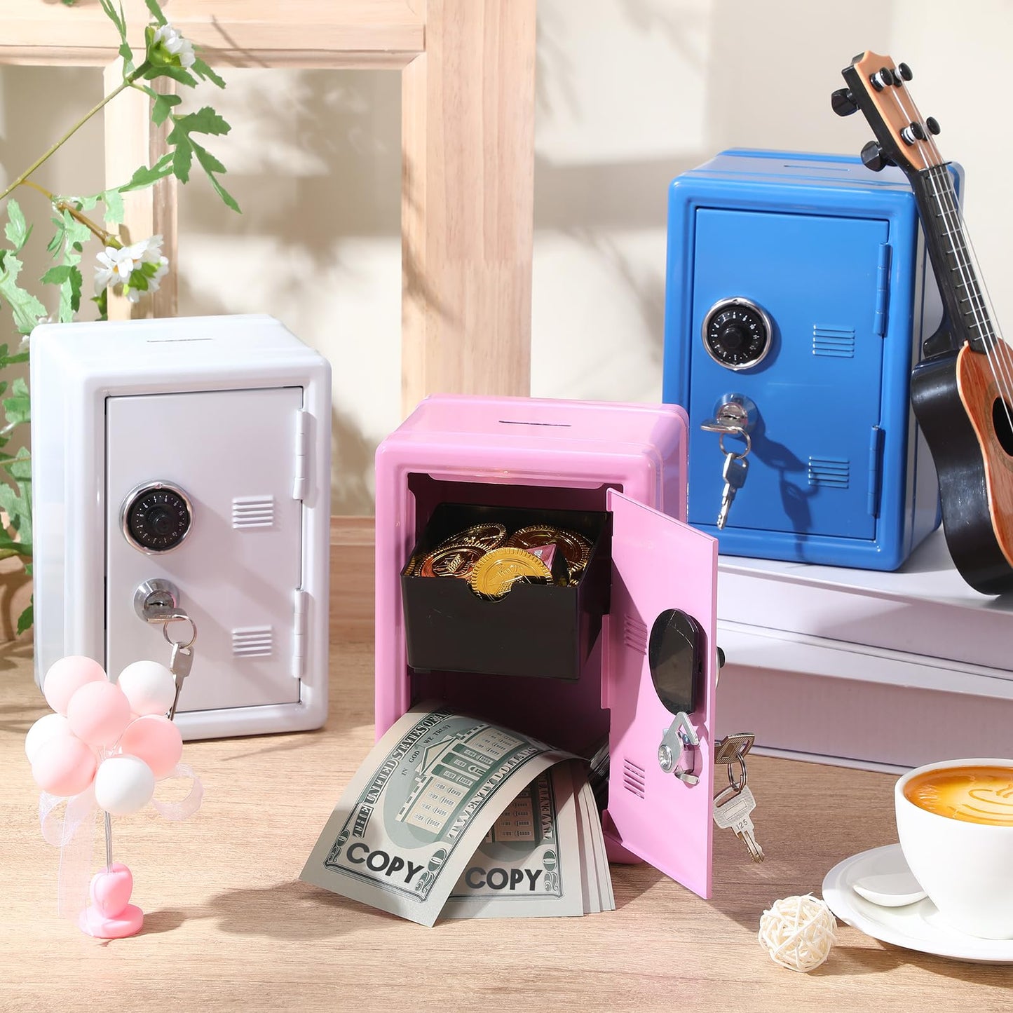 Zonon 3 Pcs Mini Safe Piggy Bank for Kids, Metal Locker Toy Safe Box for Boys Girls Money Cash Coin, Steel Money Saving Box with Lock 2 Keys Coin Tray 7. 1"x 4. 7"x 3. 9"(Blue, Pink, Ivory White)