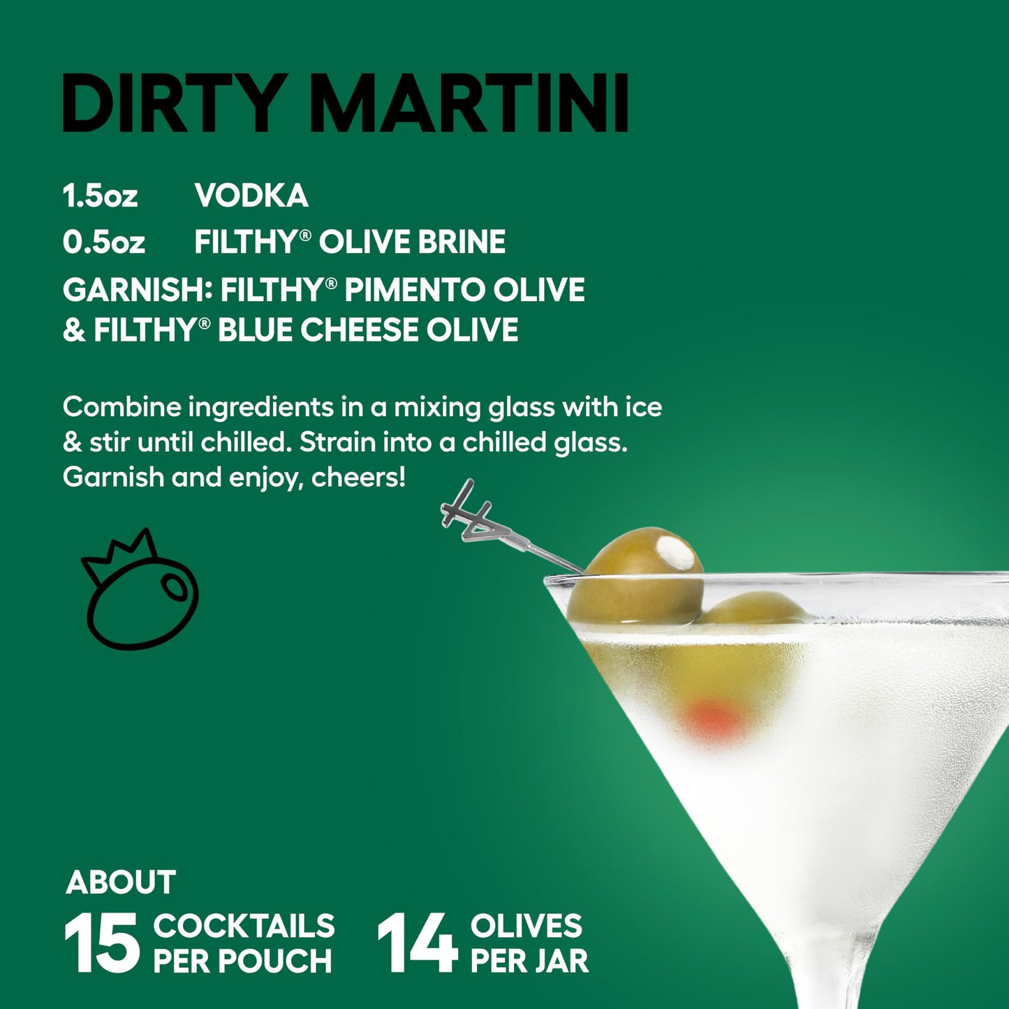 Filthy Martini Cocktail Kit, Premium Cocktail Kit, Includes Olive Brine, Pimento Stuffed Olives, Blue Cheese Stuffed Olives & 4 Stainless Steel Cocktail Picks, Non-GMO, Gluten Free
