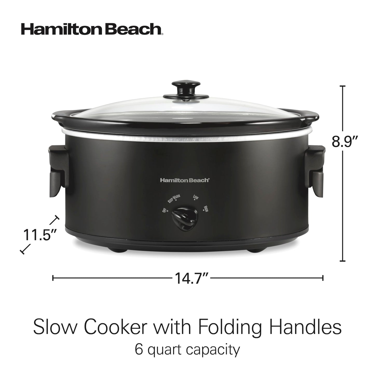 Hamilton Beach 6 Quart Slow Cooker with Space-Saving Folding Handles, 3 Heat Settings, Dishwasher Safe Stoneware Crock and Glass Lid, Black (33664)