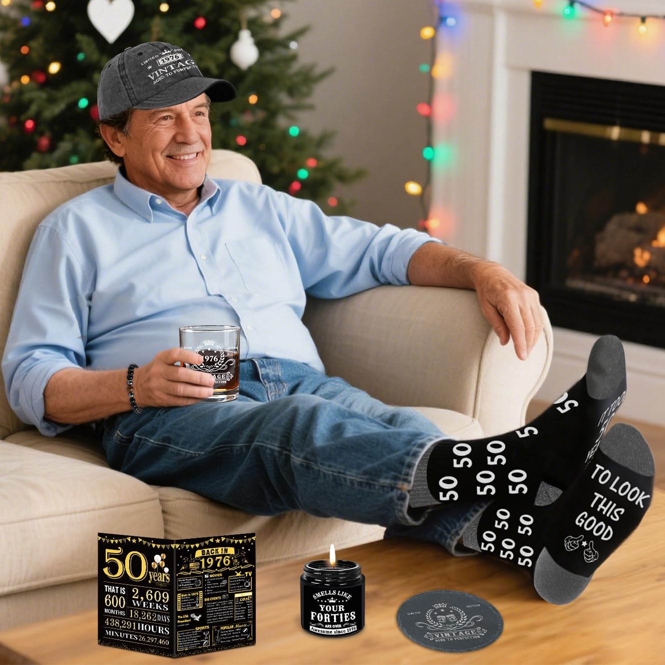 50th Birthday Gifts for Him, Happy 50th Birthday Decorations for Men, 50 Year Old Gifts for Man Who Have Everything, 1976 50th Birthday Gift Baskets for Men Whiskey Glass Baseball Cap Socks Stones