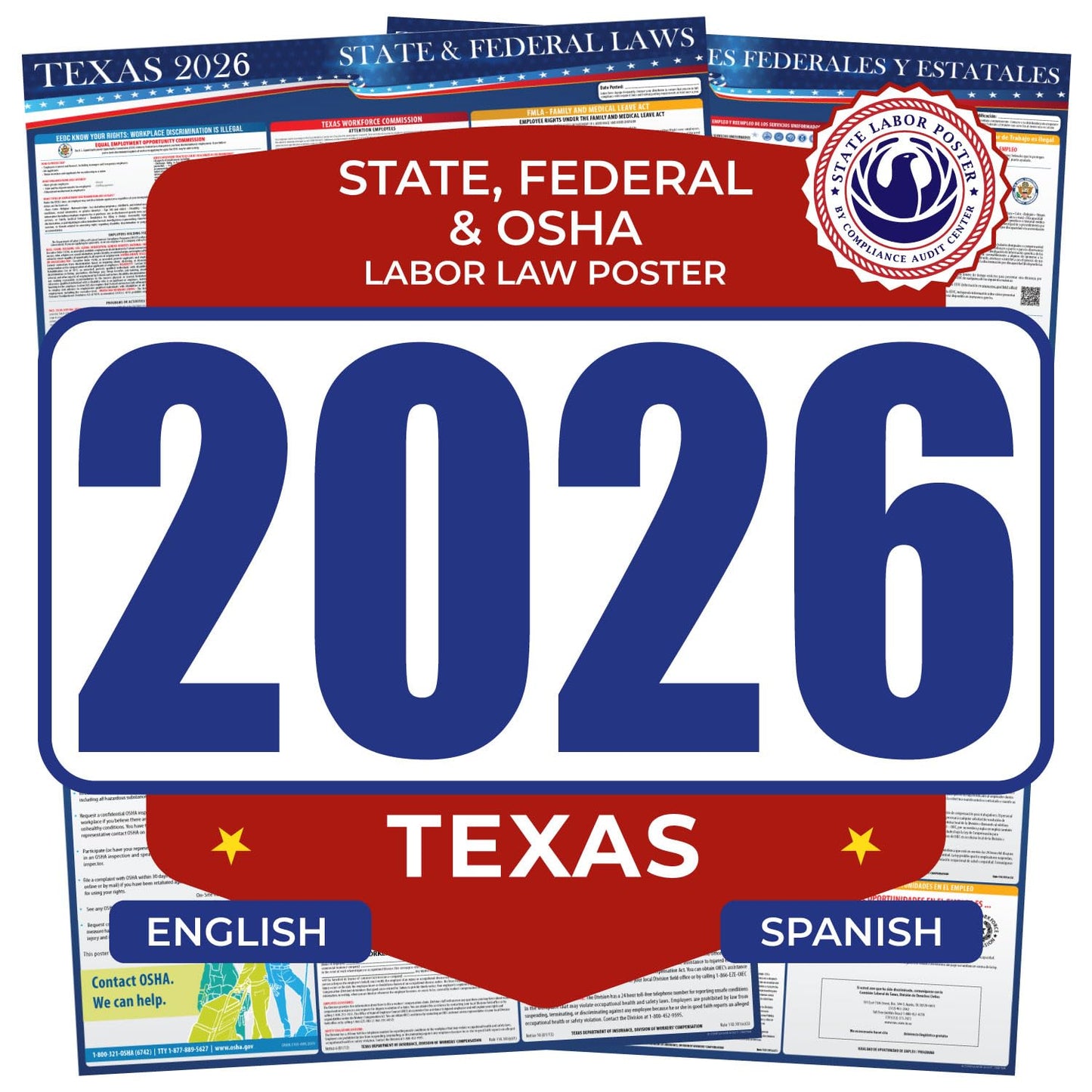 2026 Texas State and Federal Labor Law Poster - English Spanish Combo - OSHA Workplace Compliant - Mandatory Regulations All-In-One Required Compliance Posting for Employees - 17" x 40" - Laminated (Combo)