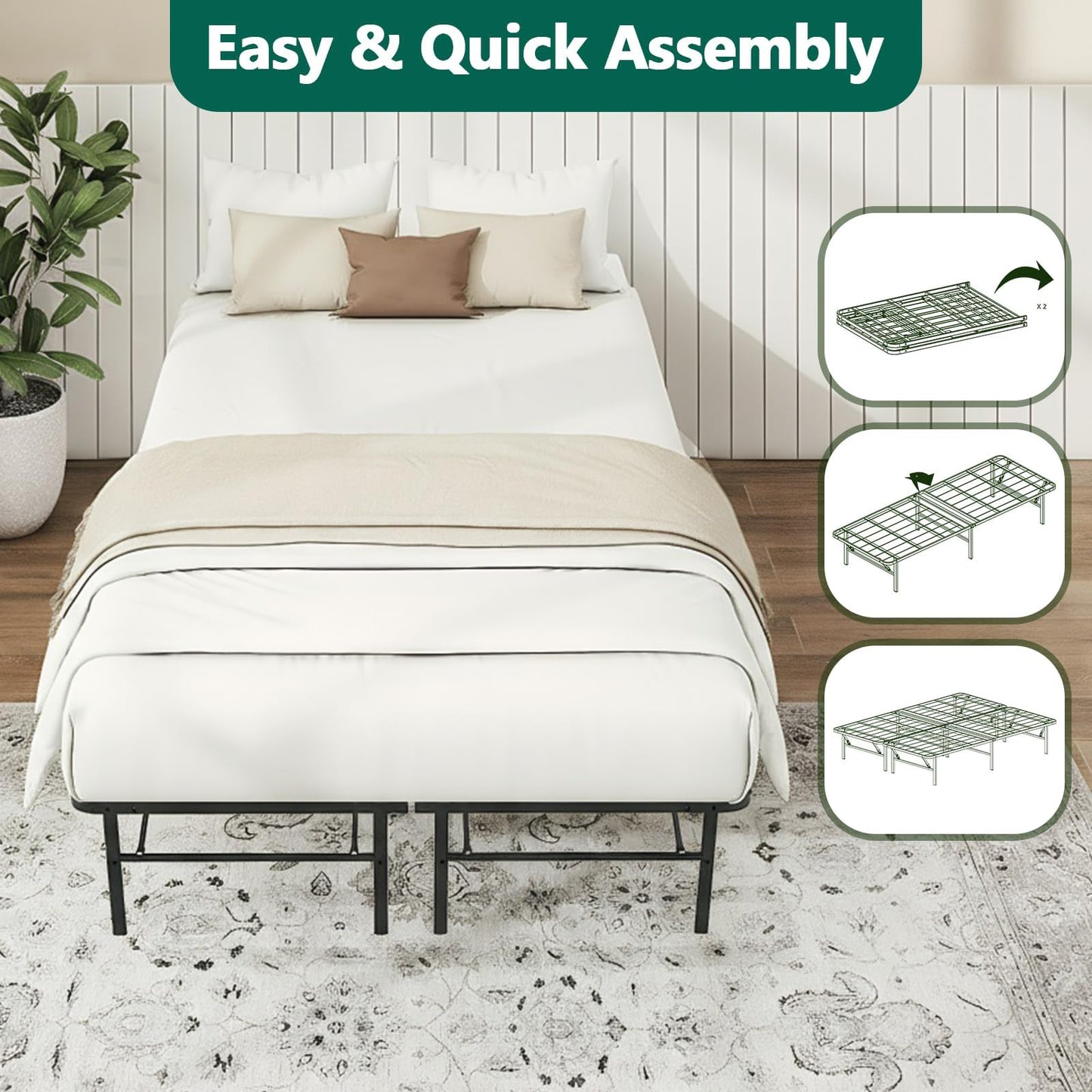 FurniEdge Full Size Folding Bed Frame, Heavy Duty Full Metal Platform with 14" Underbed Storage, Easy Tool-Free Assembly, No Box Spring Needed