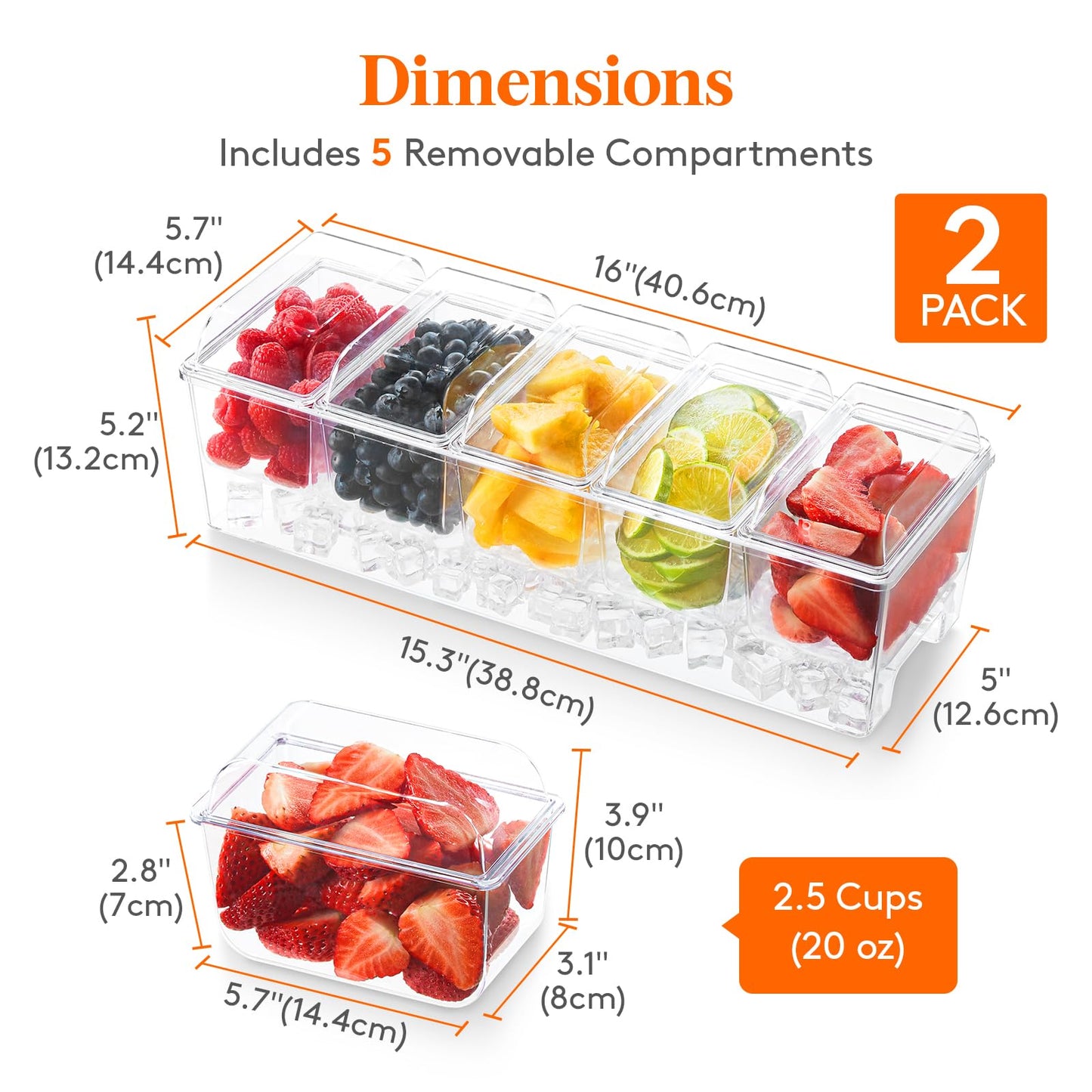 Lifewit 2 Pcs Ice Chilled Condiment Caddy with 5x20 oz Containers, Condiment Server with Separate Lid, Serving Tray Platter with Removable Dishes for Bar Fruit Salad Taco Party Garnish, 39 x13cm/15x5