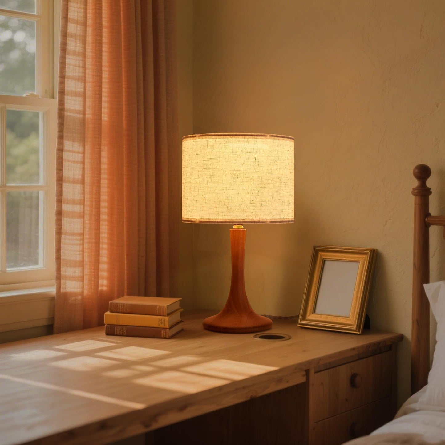 NUSRAN Bedside Table Lamp for Bedroom, Nordic Plug in Fabric Shade & Solid Wood Base Desk Lamp, Plug & Play Natural Wood Nightstand Lamp for Living Room, Office, Switch Power Cord 【Bulb Not Included】