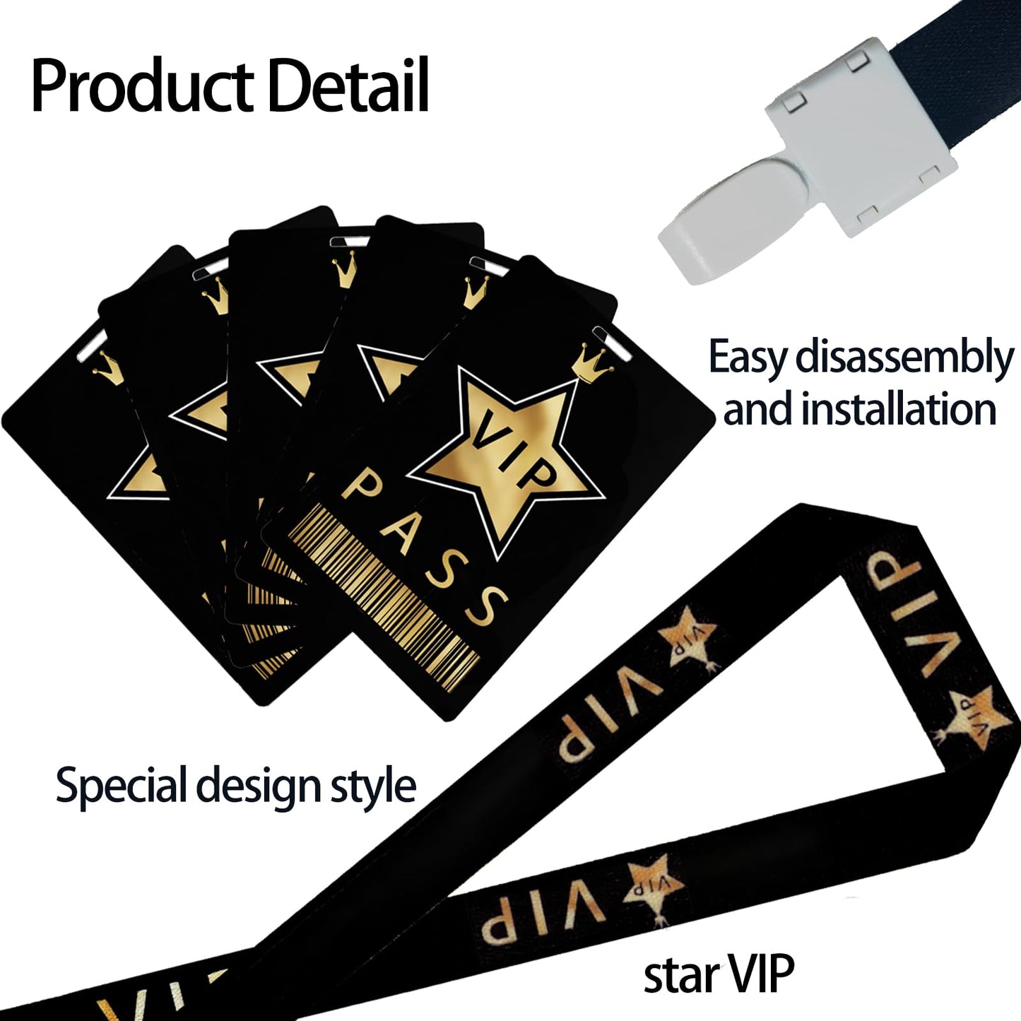 50 Sets VIP Badge Lanyards with VIP Pass Cards VIP Lanyards with Star, Black Breakaway Lanyard PVC VIP Cards for Backstage Concert Event Birthday Party Organizer (Black, Gold)