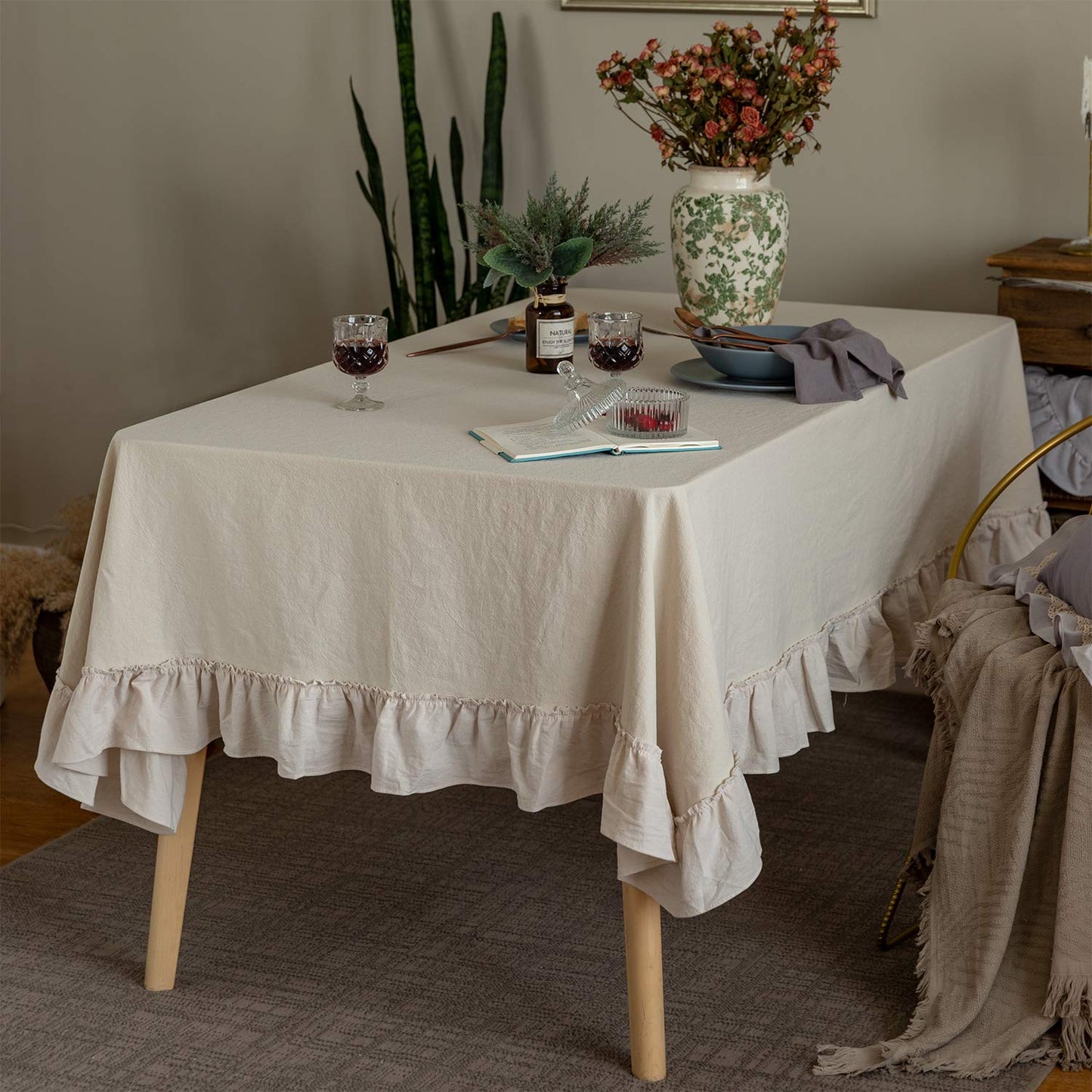 GLORY SEASON Retro Farmhouse Ruffle Tablecloth Cotton Flounces Trim Washable Table Cover Tablecloths for Rectangle Table Baby Shower Kitchen Party Wedding Decor,60''x120''