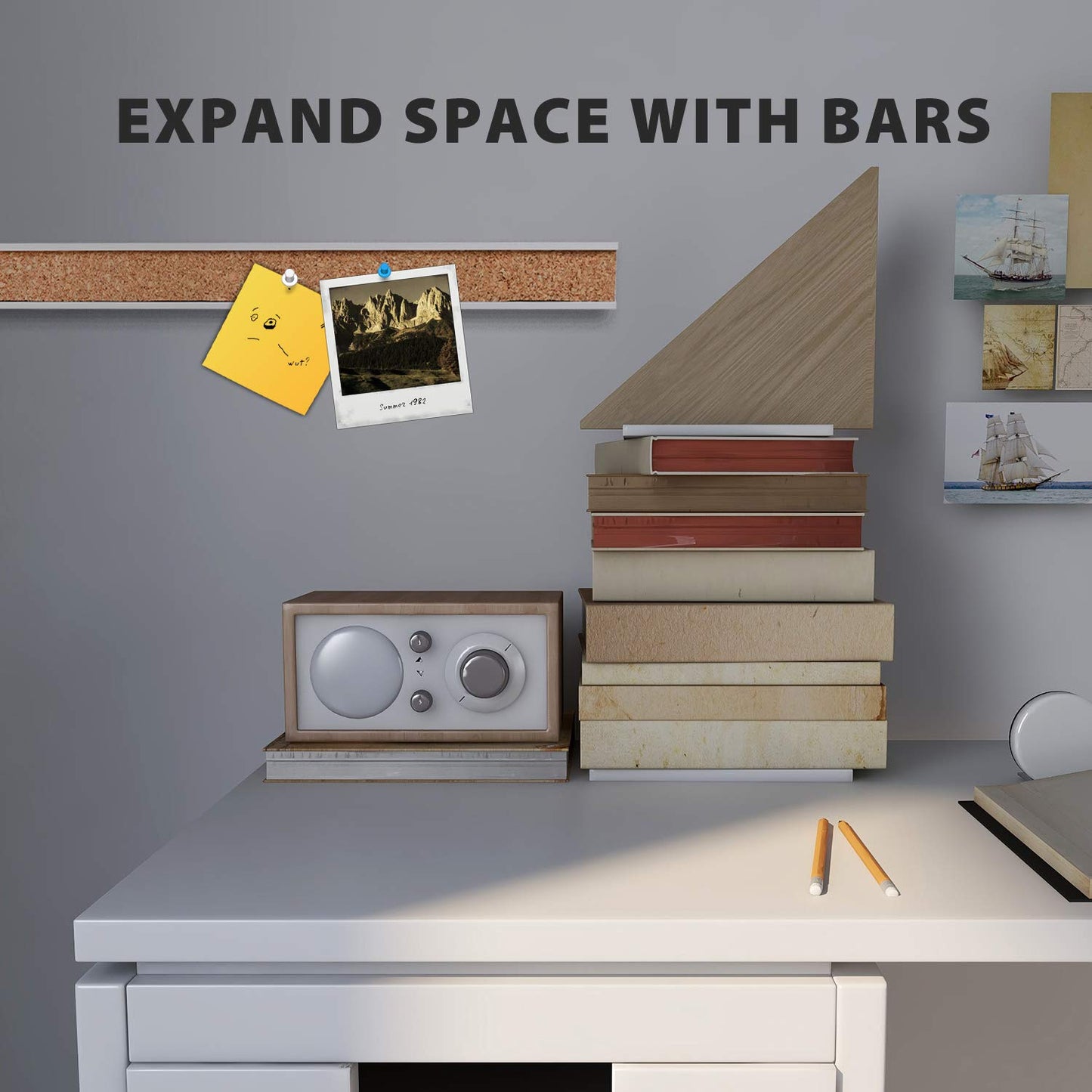 Corksidol Bulletin Bar Strip, Cork Board, Cork Strips, 48" x 1", Classroom, Office, Walls, Cubicle, Aluminum Frame,Include Pins and Adhesive Strip, 2 Pack, (Silver)