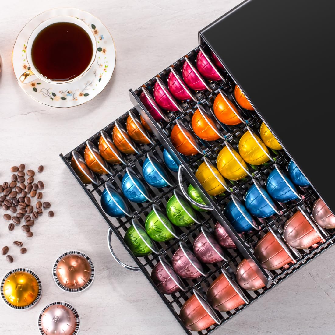 FlagShip for Vertuo Pod Holder Coffee Pod Storage for Nespresso Pod Organizer Large Capacity Fits All Size Vertuo Pods 2 Tier Drawer