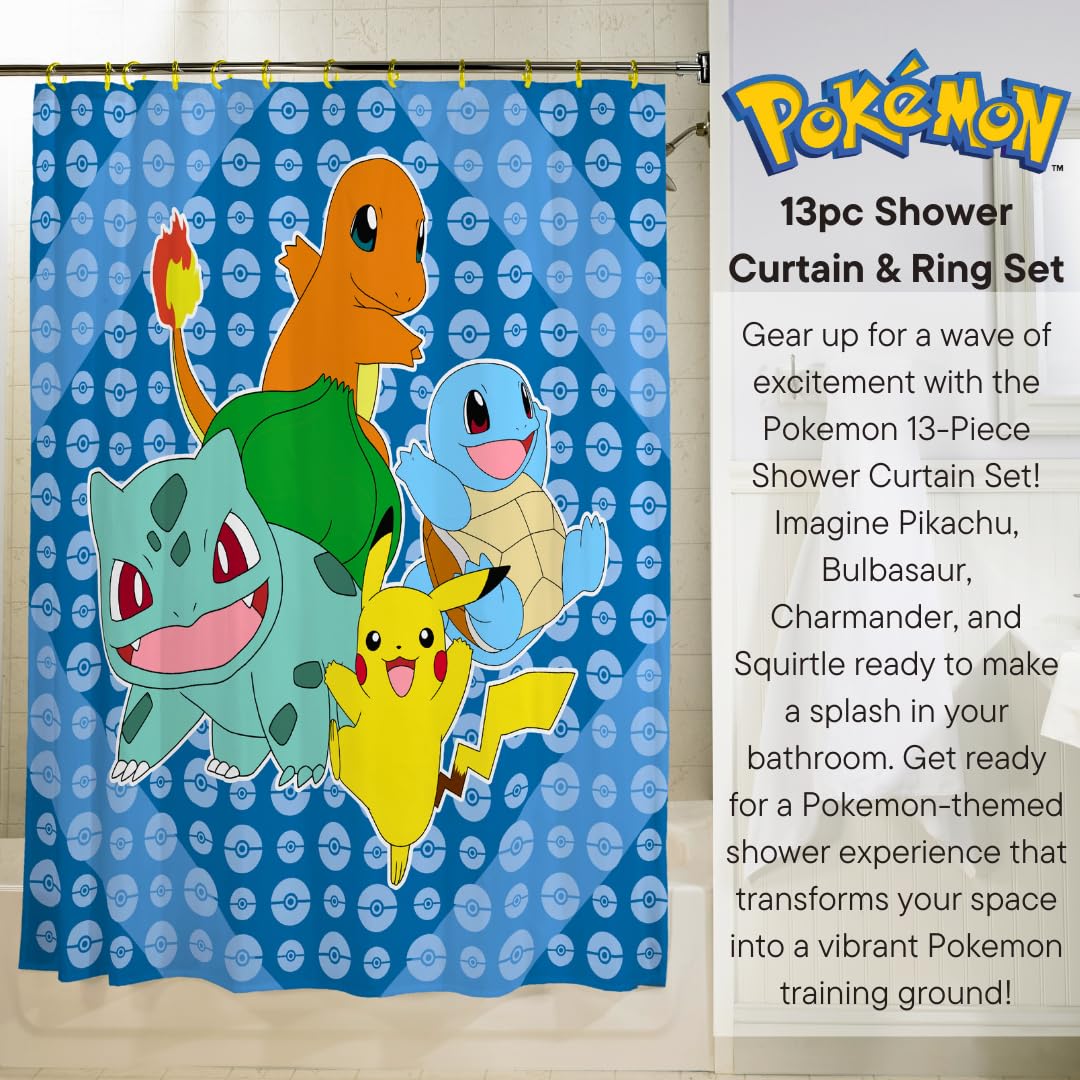 Pokemon Anime 13-Piece Shower Curtain Set, 72 x 72 Inch Fabric Curtain with Hooks, Bathroom Decor, Machine Washable, (100% Officially Licensed Product) by Franco Collectibles