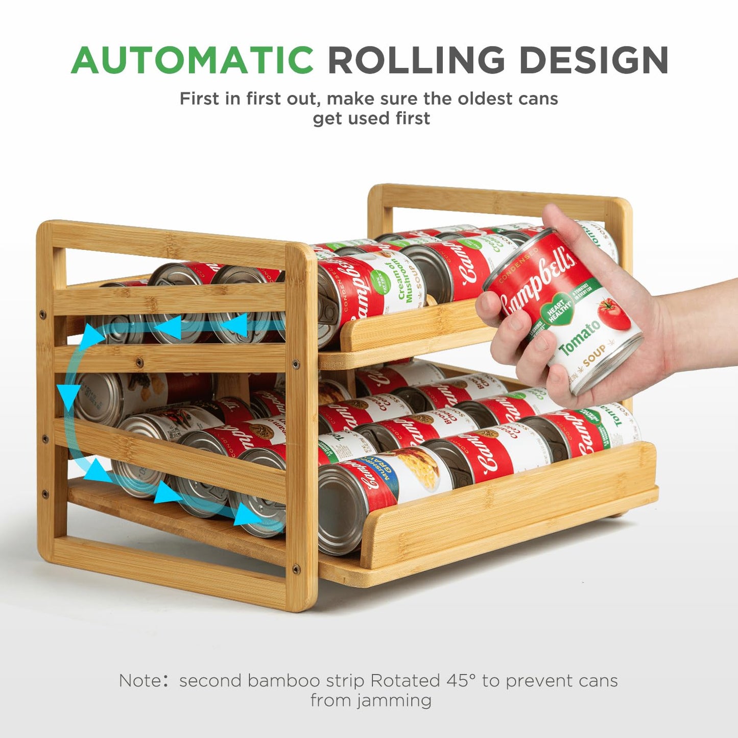 Aclema Bamboo Rolling Can Organizer for Pantry, Stackable 2 Tier Canned Food Organizer Rack for Storage, Kitchen Cabinet, Can Holders Dispensers for Pantry Up To 27 Cans