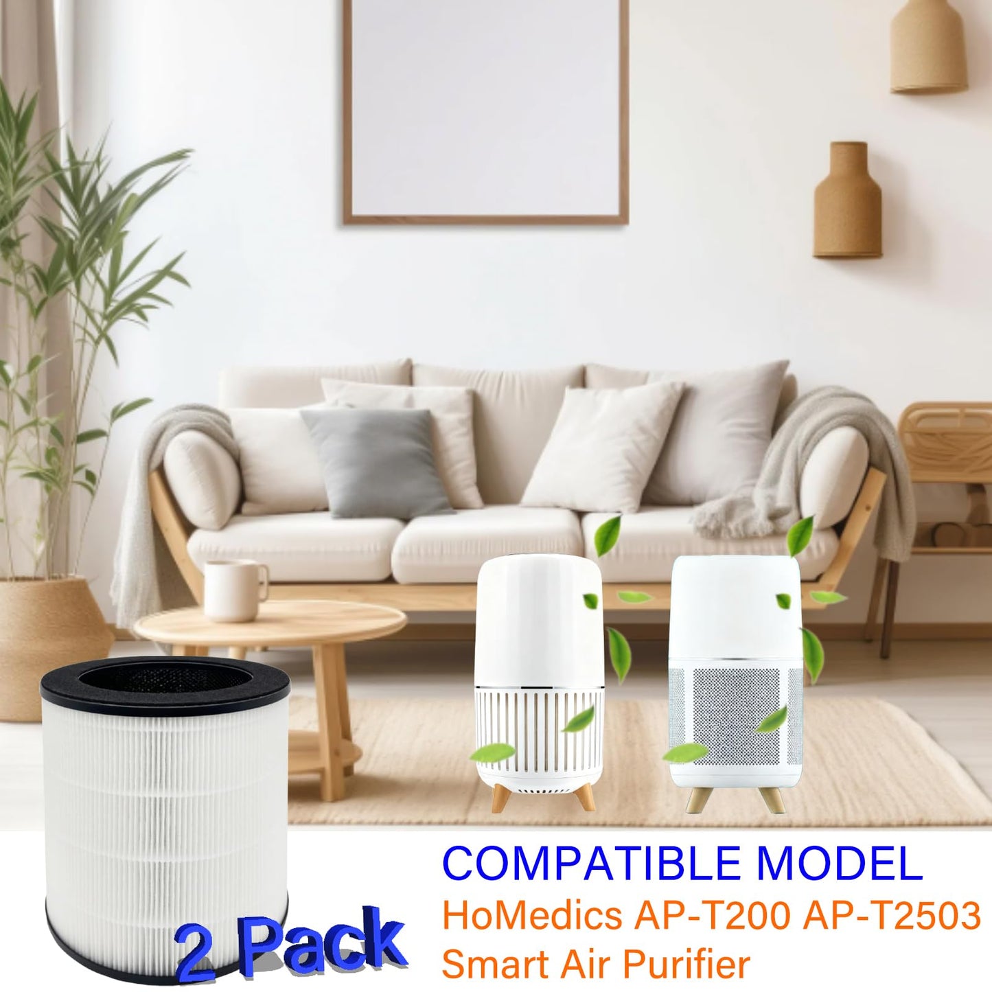 2 Pack AP-T200FL Replacement Filter for HoMedics AP-T200 AP-T2503 Smart Air Purifier, 3-in-1, H13 True HEPA with Activated Carbon and Pre-Filter