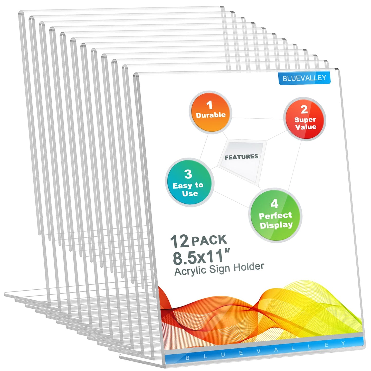 BlueValley Acrylic Sign Holder 8.5x11 Vertical - Clear Slanted Back Plastic Paper Display Stand for Menu, Flyer, Document - Table Top Sign Holder Certificate Frame for Office, Retail, Restaurant, Fairs - 12 Pack