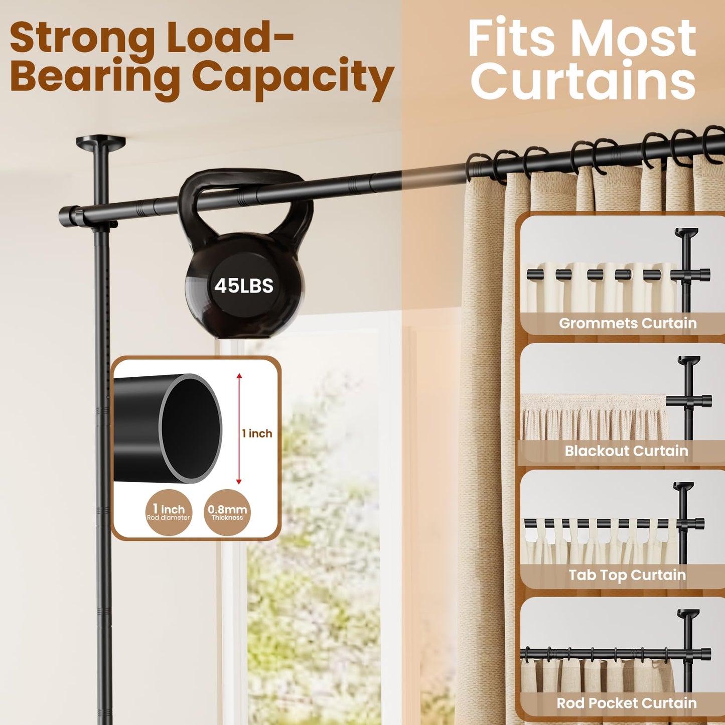 Bonpally Room Divider Curtain Rod, No Drilling Room Separator for Space Partition, 4-10ft (H) 28-70 inch(W) Adjustable Heavy Duty Temporary Wall Divider Floor to Ceiling Tension Rod, Black