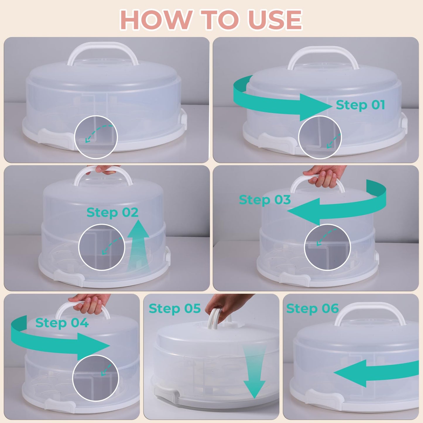 12in Extra Large Cake Carrier with Lid and Handle, Holds up to 12" round 7" high cake, Portable Cake Container for Transport Pies, Cupcakes, Cakes and More