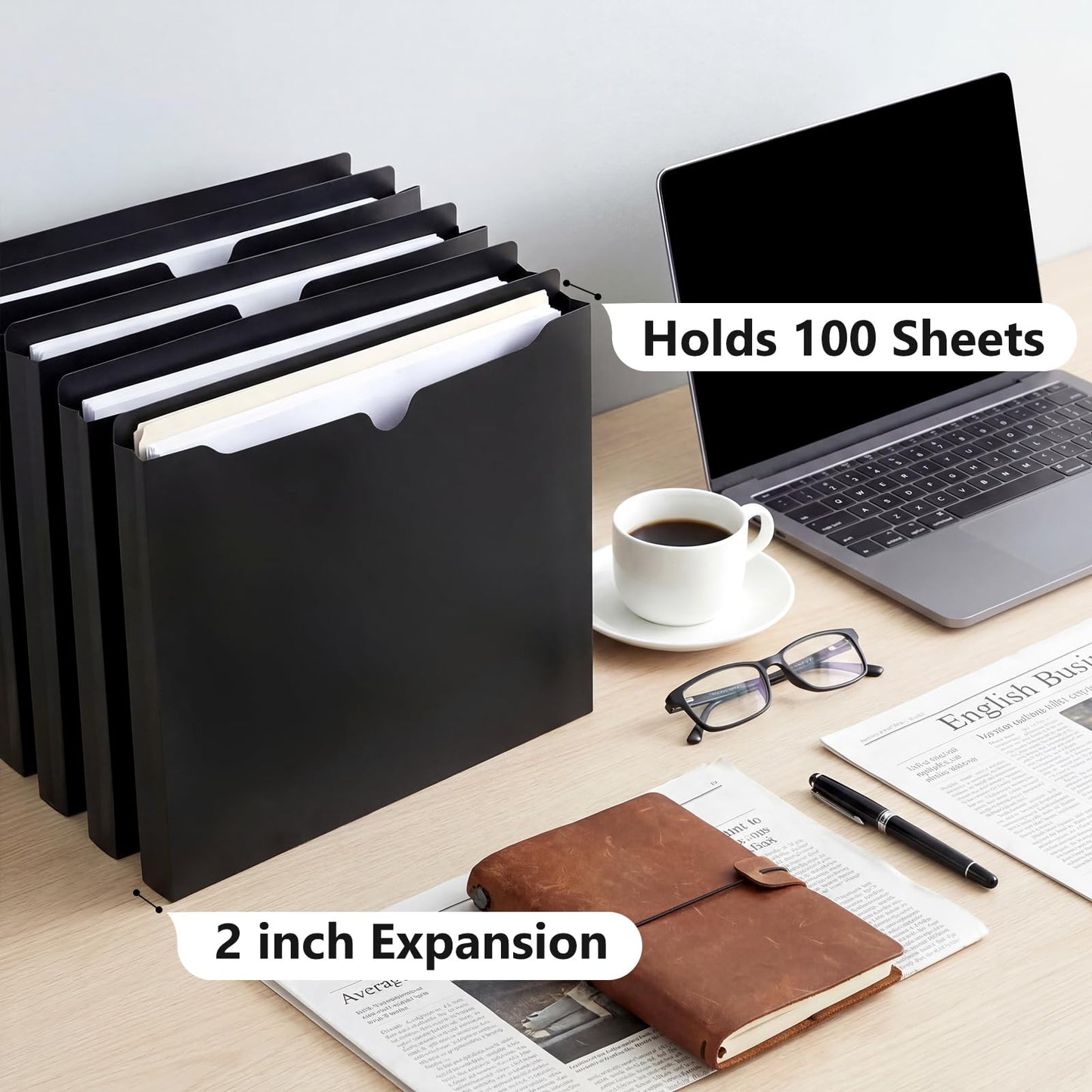 Dunzoom 50 Pack File Jackets Letter Size 2 Inch Expansion Manila Plastic File Folders Expandable Heavy Duty Reinforced Straight Cut Tab Expandable Document Jacket for Office(Classic,Black)