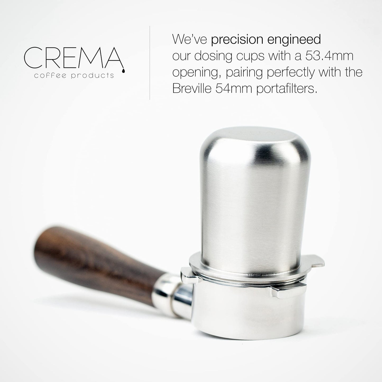 CREMA Coffee Products 54mm Dosing Cup | Compatible with any 54mm Portafilters | Durable 100% Stainless Steel | Built-In Grinder Tab for Easy Transfer | Brushed Silver Finish