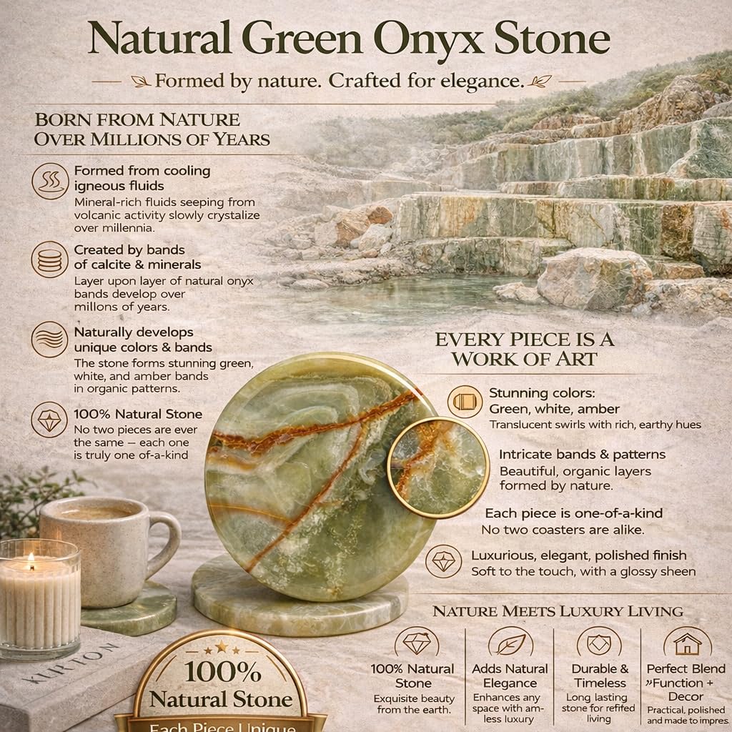 Green Onyx Marble Coasters Set of 6 with Holder, 3.5 Inch Round Drink Coasters for Tabletop and Coffee Table Decor