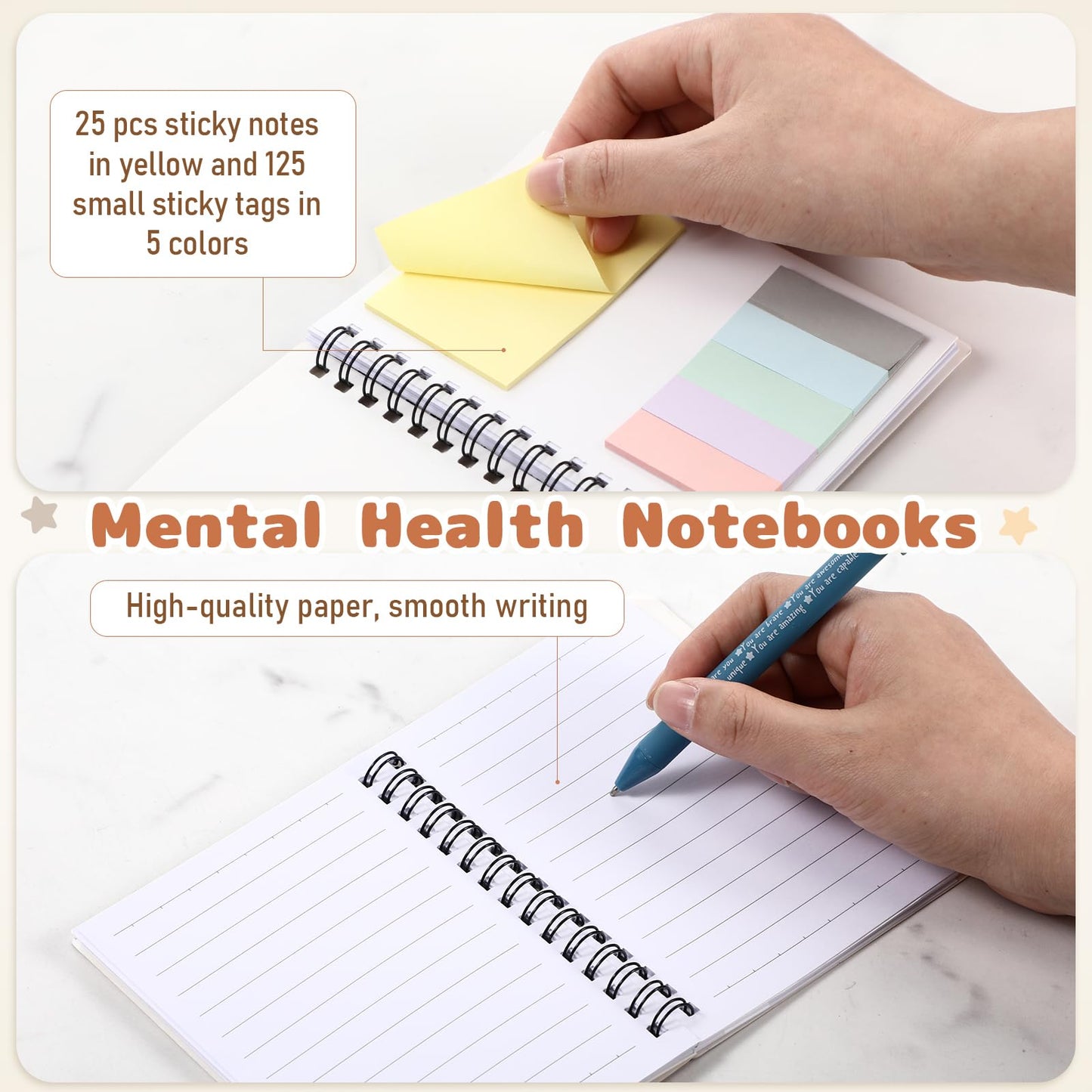 Janlaugh 60 Pcs Mental Health Gifts for Women Men Self Care Items Bulk Include 30 Mental Health Notebooks with Sticky Note 30 Positive Pens Affirmation Journals Wellness Gifts for Coworker Student