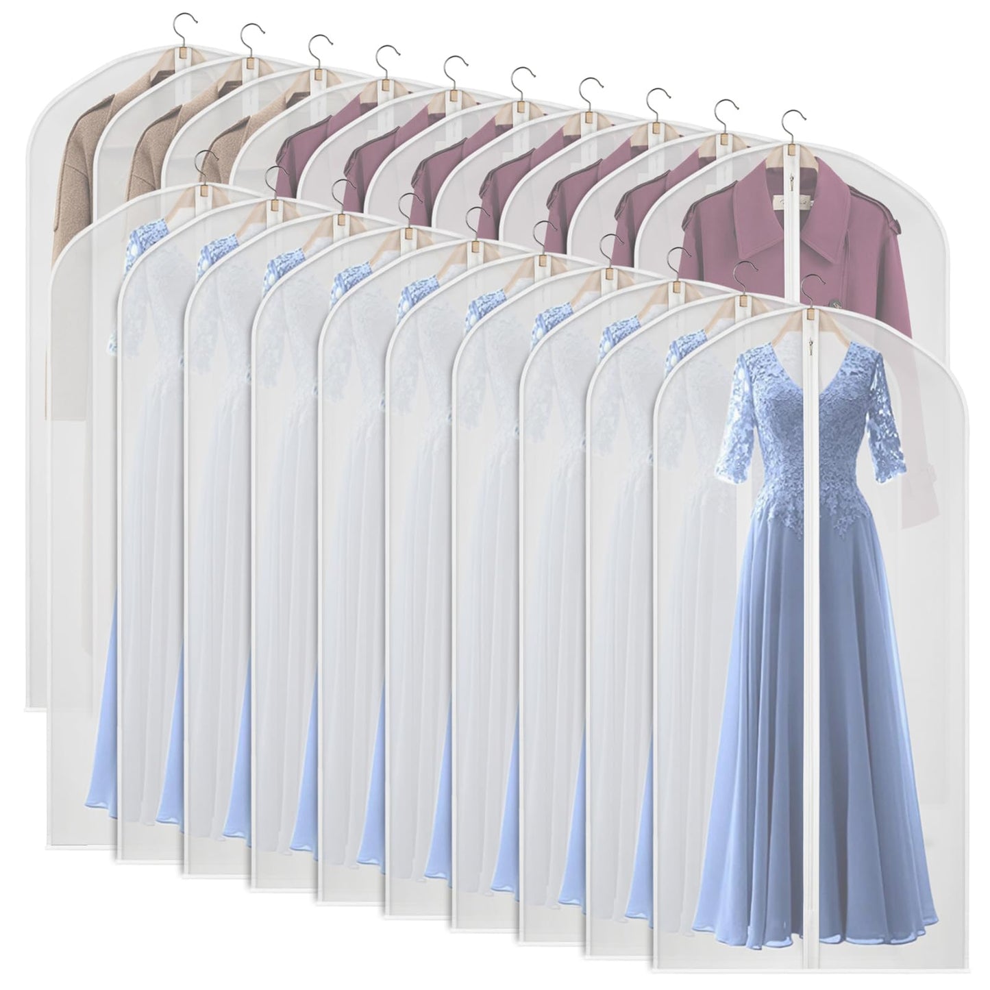Kntiwiwo 60 inches Garment Bags for Closet Storage with Zipper Clear Garments Bag for Gowns Long, Dresses, Suit, Coat - Set of 20 [Upgraded Version]