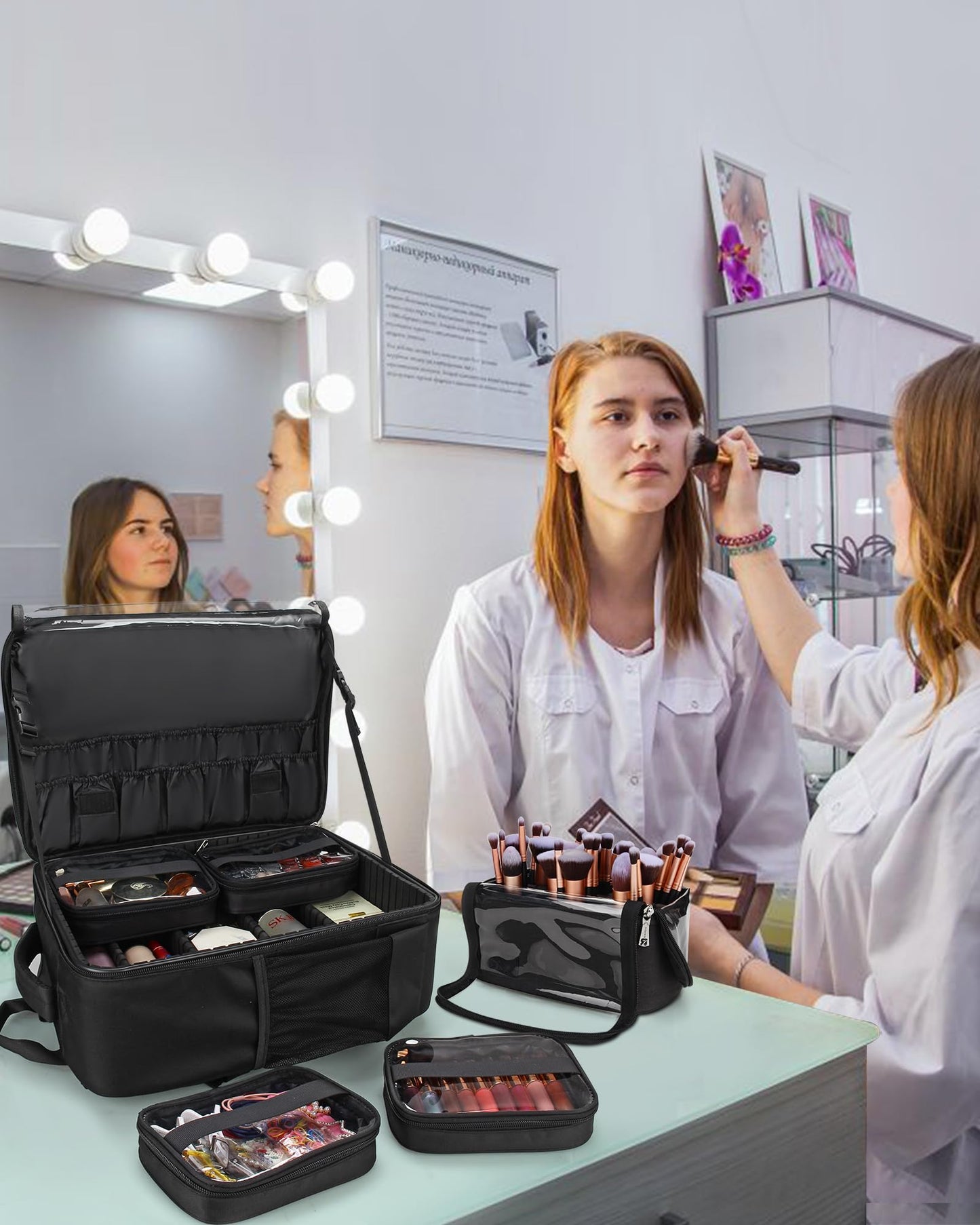 Makeup Backpack Makeup Artist Bag Professional Extra Large Cosmetic Bags Travel Train Case Storage Organizer Double-Layer Cosmetic Case with 4 Pouch and Brush Organizer (Black, two piece)