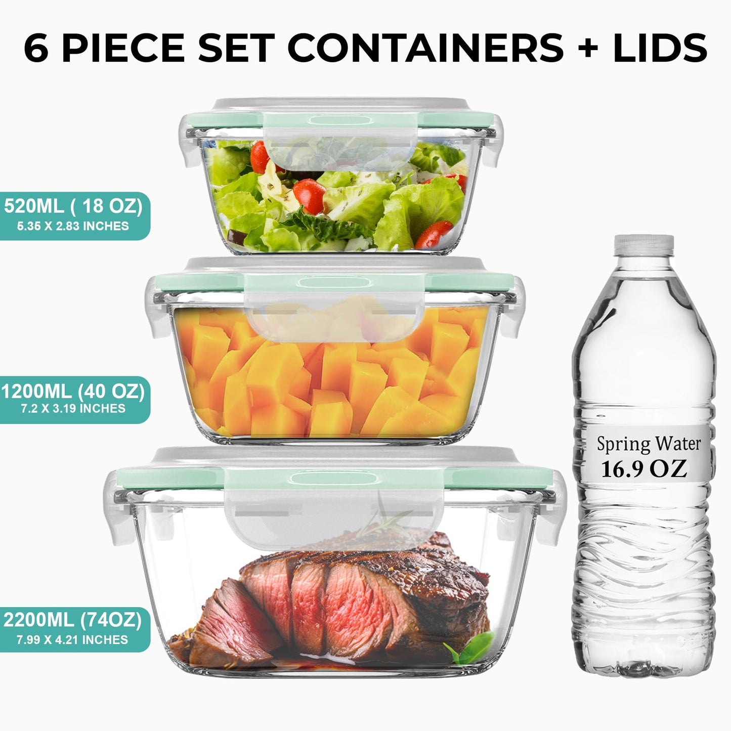 Razab 6 PC Square Glass Food Storage Containers with Airtight lids (74, 40 & 18 oz) Kitchen Glass Meal Prep Containers Set for Freezer Reusable Leftover Lunch Boxes, Oven, Microwave, Dishwasher Safe