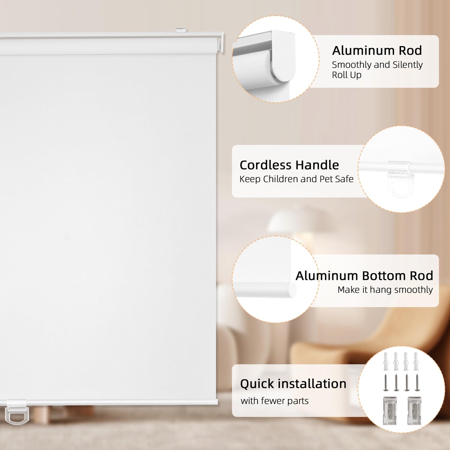 ChrisDowa Cordless Blackout Roller Shades for Windows, Thermal Insulated UV Protection Pull Down Shades, Total Blackout Window Blinds for Home, Office, Bedroom, Door (22" W x 72" H, White)