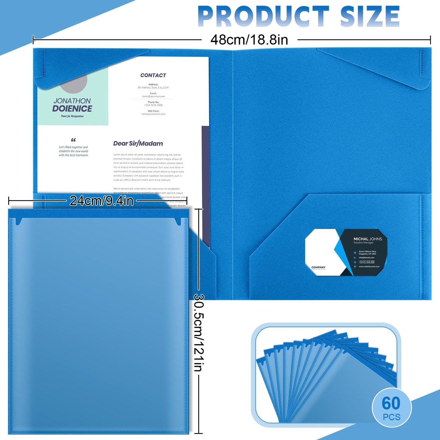 Henoyso 60 Pack Plastic Folders with Clear Front Pockets Bulk Heavy Duty File Folders with 2 Pockets and Card Slot for Student Teacher Back to School Supplies Office Presentation (Blue)