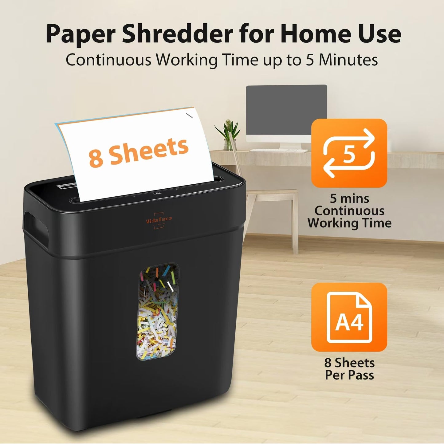 VidaTeco 8-Sheet Cross Cut Paper Shredder, P-4 High Security Shredders for Home Office & Small Commercial Use, Anti-Jam & Overheat Protection, Shreds Credit Card, Staple & Paper Clips, 3.04-Gallon Bin