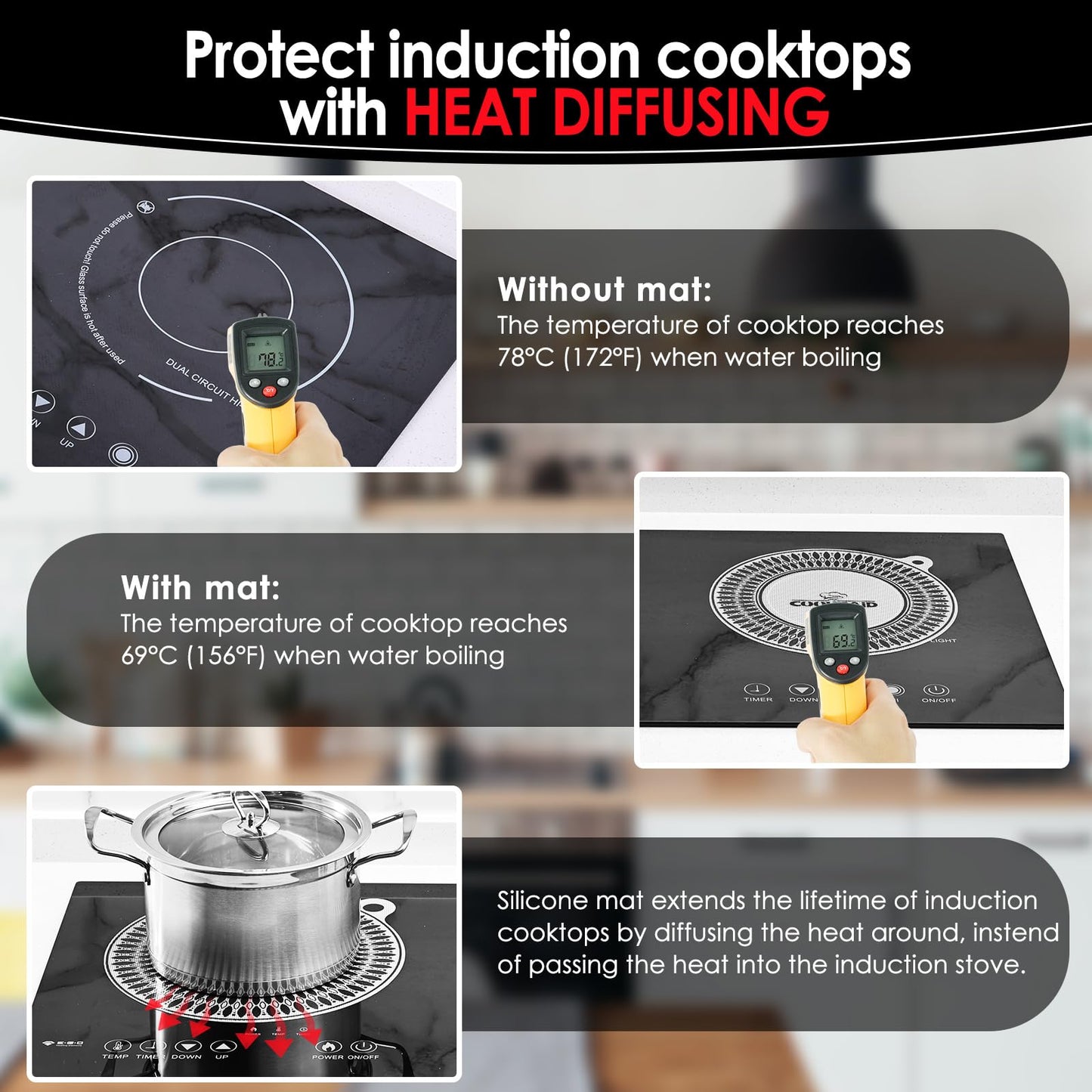 Cook's Aid 5 PCS Silicone Induction Cooktop Protector Cover Mat (Magnetic) | 230°C (450℉) Heat-Resistant Induction Stove Protector | Multifunctional Silicone Mats