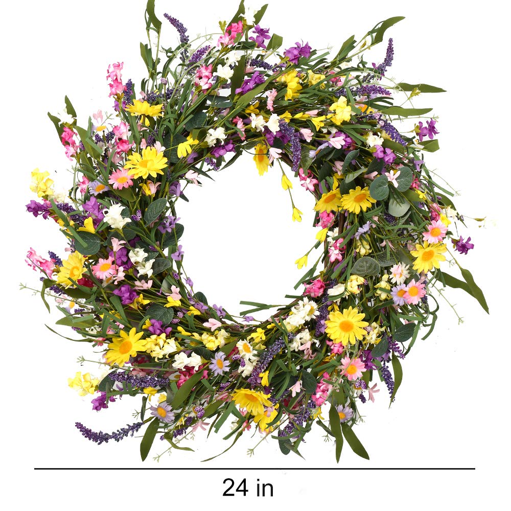 J'FLORU Spring Wreath 24 Inch Summer Wreaths for Front Door Artificial Flower Wreath with Daisy and Lavender for Indoor Outdoor and Easter Celebration