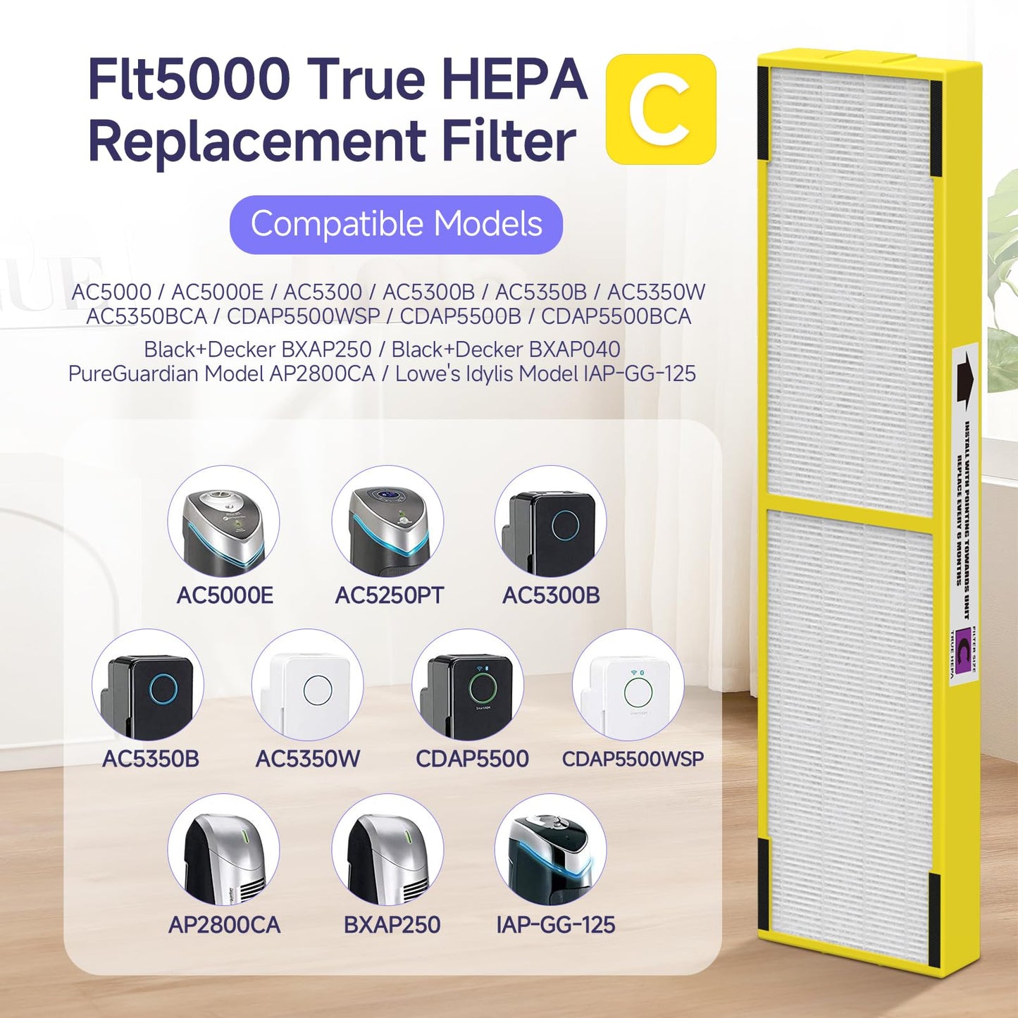 Harebery 4-Pack Flt5000 Filter C Replacement Filter Compatible with AC5000, AC5000E, AC5250PT, AC5350B, AC5350BCA, AC5350W, AC5300B, CDAP5500B, AP2800CA