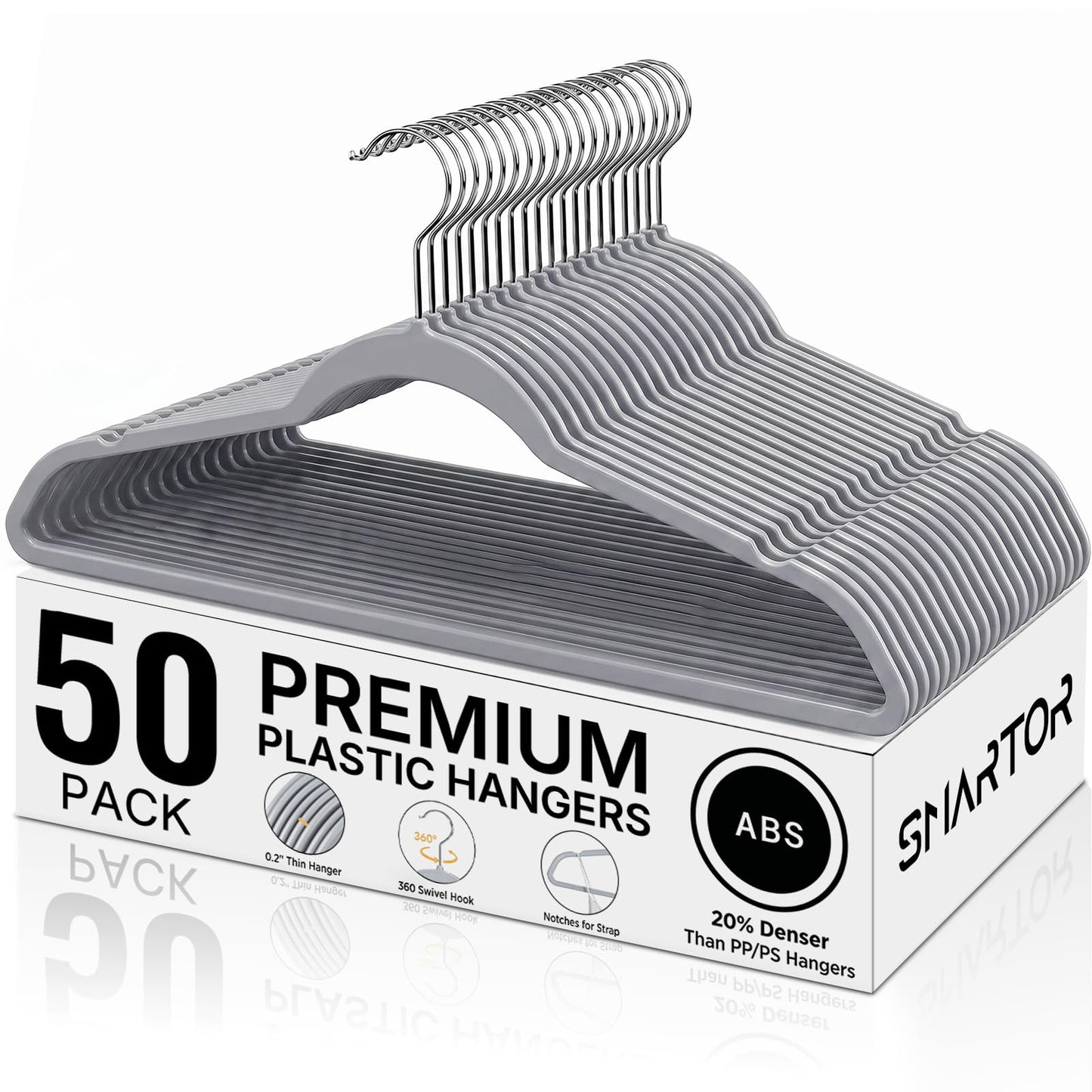 SMARTOR Plastic Hangers 50 Pack, Thin Hangers with 360° Swivel Hook, Non-Velvet Hanger Heavy Duty Clothes Holders for Closet - Durable Adult Hanger, Space Saving Hangars - Gray
