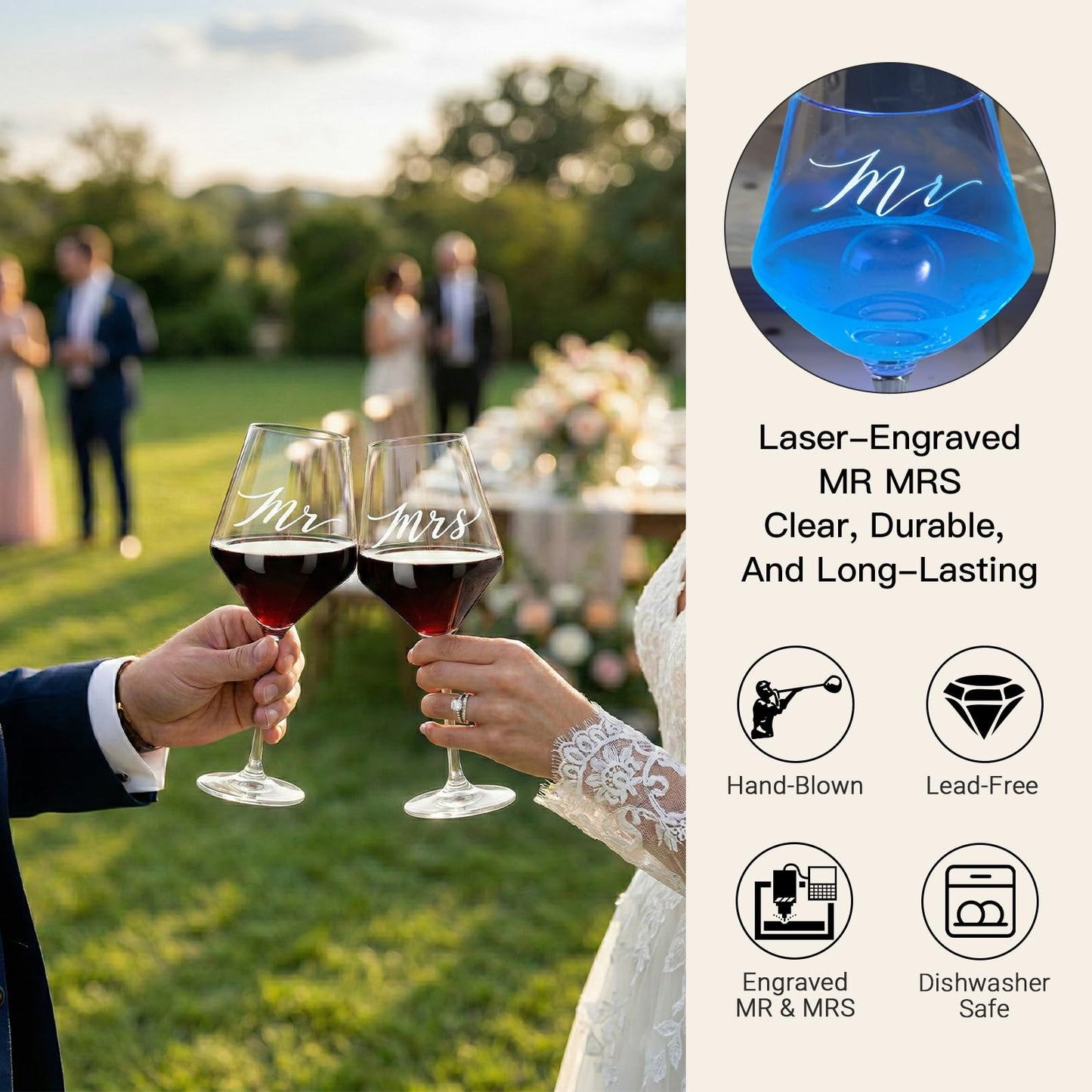 SIPBYSOP Wedding/Anniversary/Engagement/Bridal Shower and Bachelorette Gifts for Couples,Bride & Newlywed, Engraved Mr and Mrs Wine Glasses with 5-Piece Wine Accessory Kit