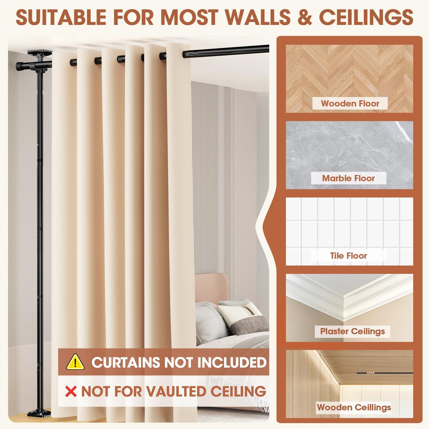 SUNALLY Room Divider No Drilling Curtain Rod Wall Divider for Room Separation, 4-10ft(H) 28-114inch(W) Adjustable, Heavy Duty Partition Space Separator Freestanding Tension Curtain Stand, Black