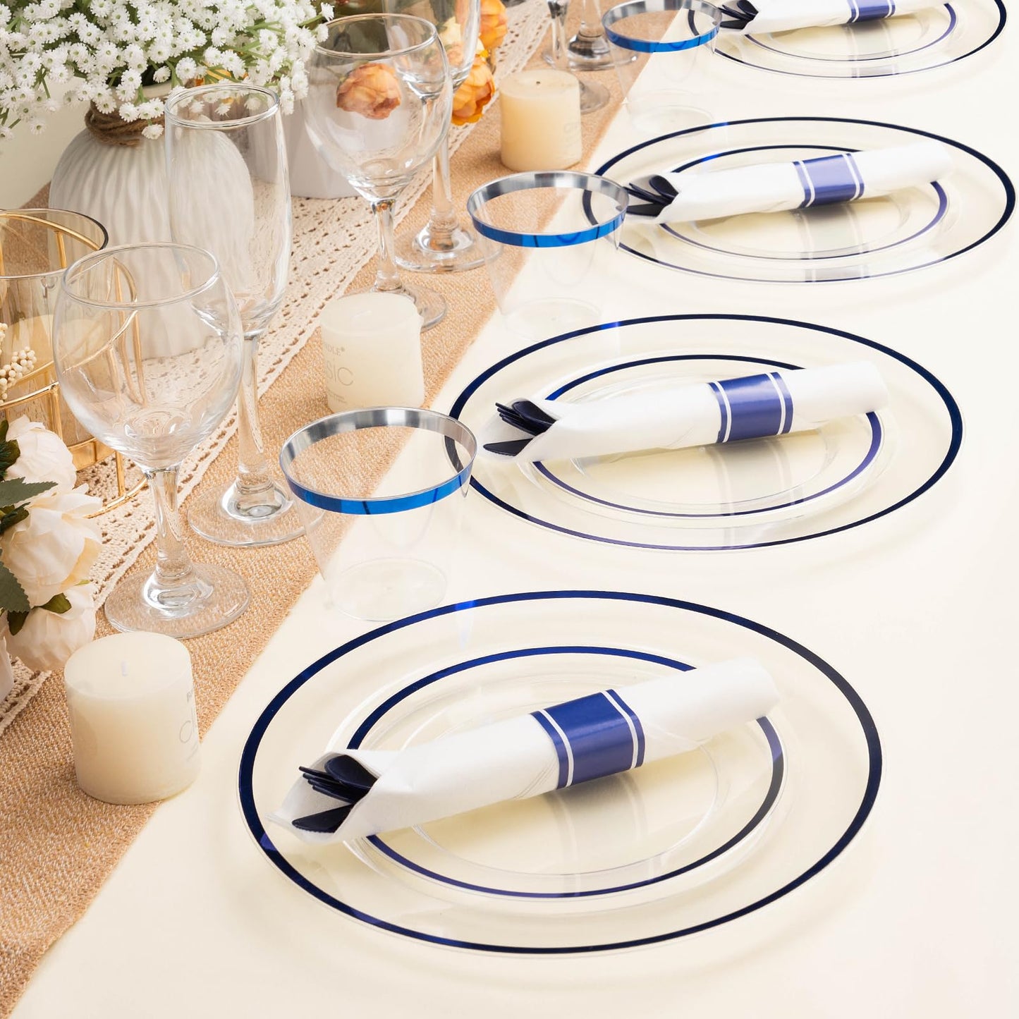 BESTSTAR 350PCS Clear and Blue Disposable Plates Set for 50 Guests, 100 Plastic Plates, 50 Cups, 50 Pre-Rolled Napkins with Plastic Cutlery for Graduation Party, Birthday, Thanksgiving, Christmas