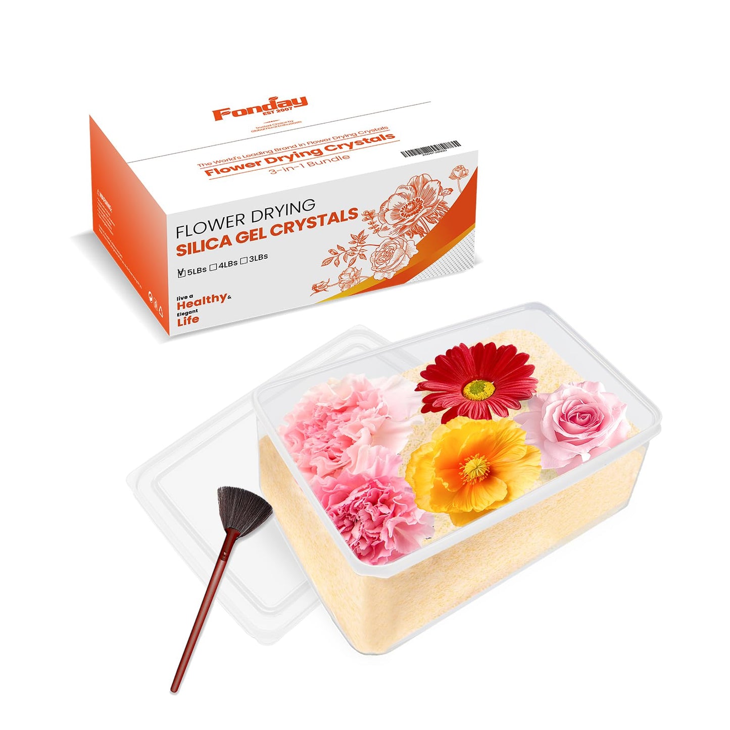 Fonday Silica Gel Flower Drying Crystals for Wedding Bouquet Preservation Color Indicating Reusable Bead Size Less Than 1mm (5LBS 3-in-1 with Sealed Container and Brush)