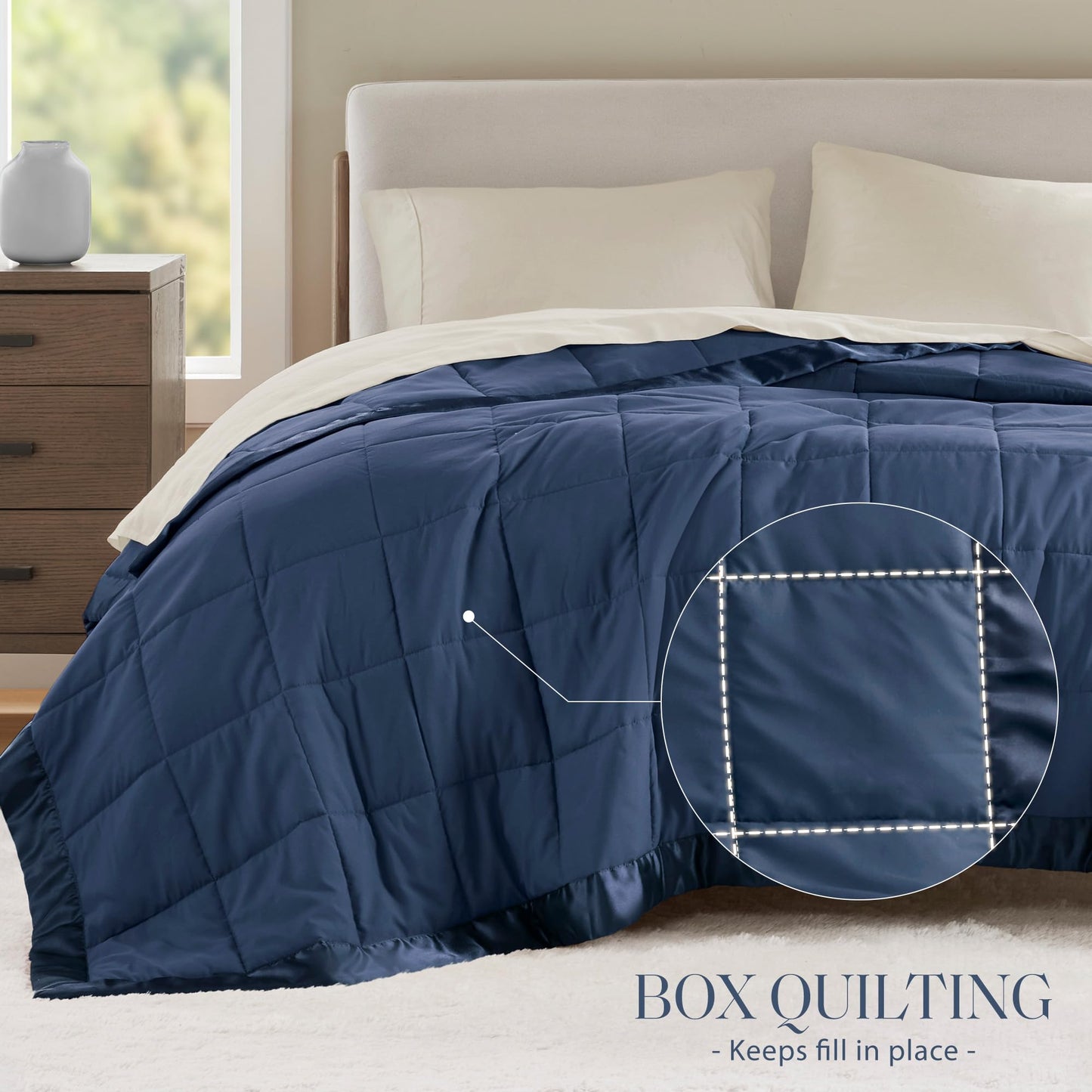 Madison Park Windom Down Alternative Blanket, Premium 3M Scotchgard Moisture Wicking Treatment, Lightweight and Soft Bed Cover For All Season, Satin Trim, Navy Full/Queen