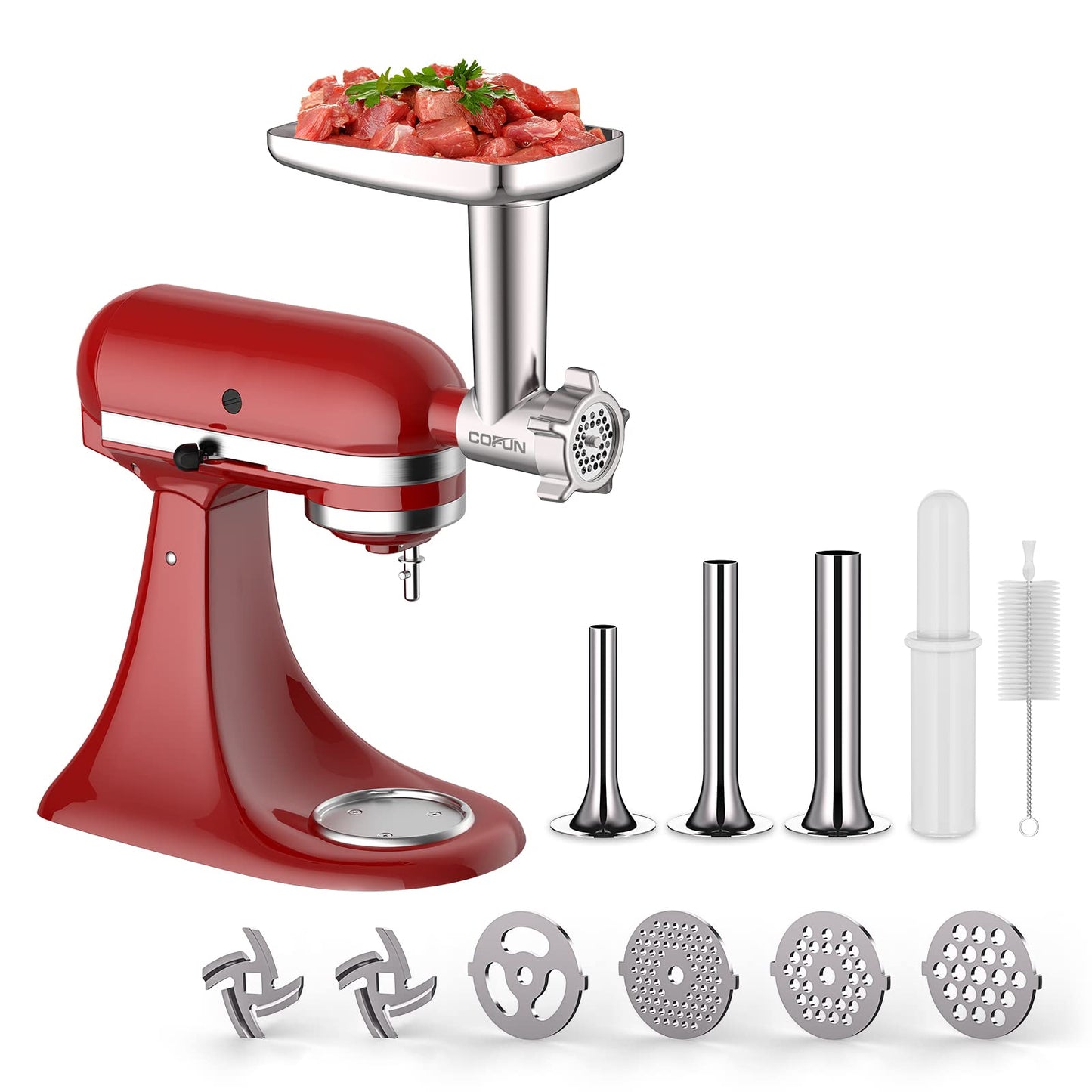 COFUN Meat Grinder for KitchenAid Mixer, All Metal Food Grinder with 4 Grinding Plates, 3 Sausage Stuffer Tubes, 2 Blades, Fast Grinding for Burgers Sausages Meatballs