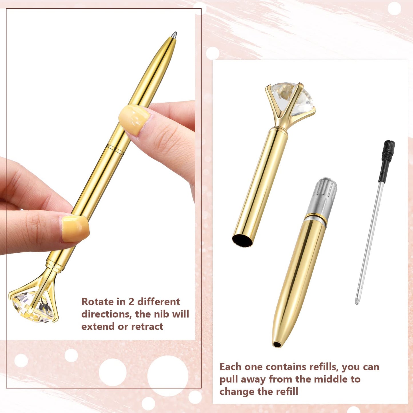 Leinuosen 50 Pcs Bulk Diamond Pens with Crystal Bridal Shower Gifts Metal Bling Ballpoint Pens with Black Ink for Bridal Shower Wedding Party Office School (Gold)