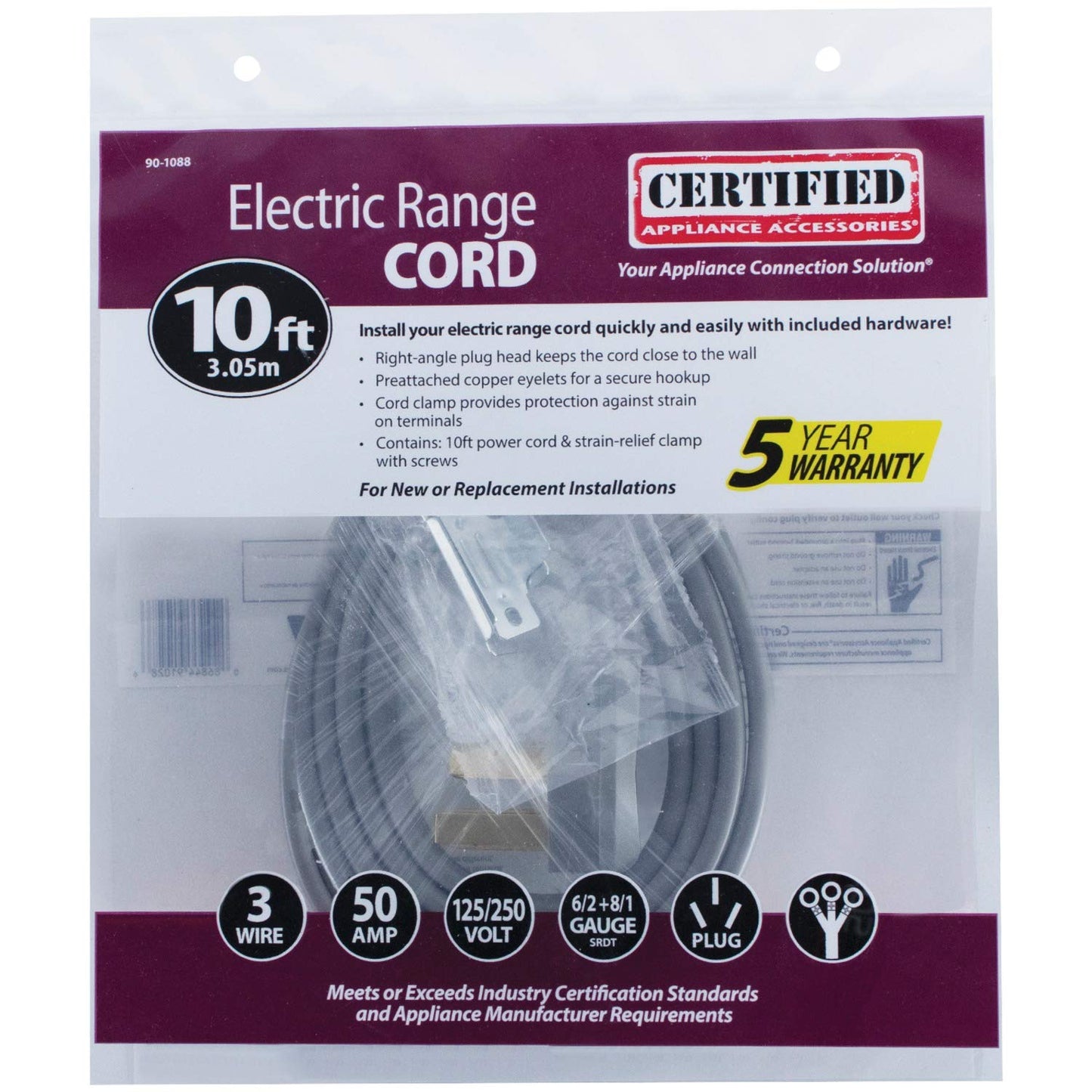 Certified Appliance Accessories 50-Amp Appliance Power Cord, 3 Prong Range Cord, 3 Wires with Eyelet Connectors, 10 Feet, Copper Wire
