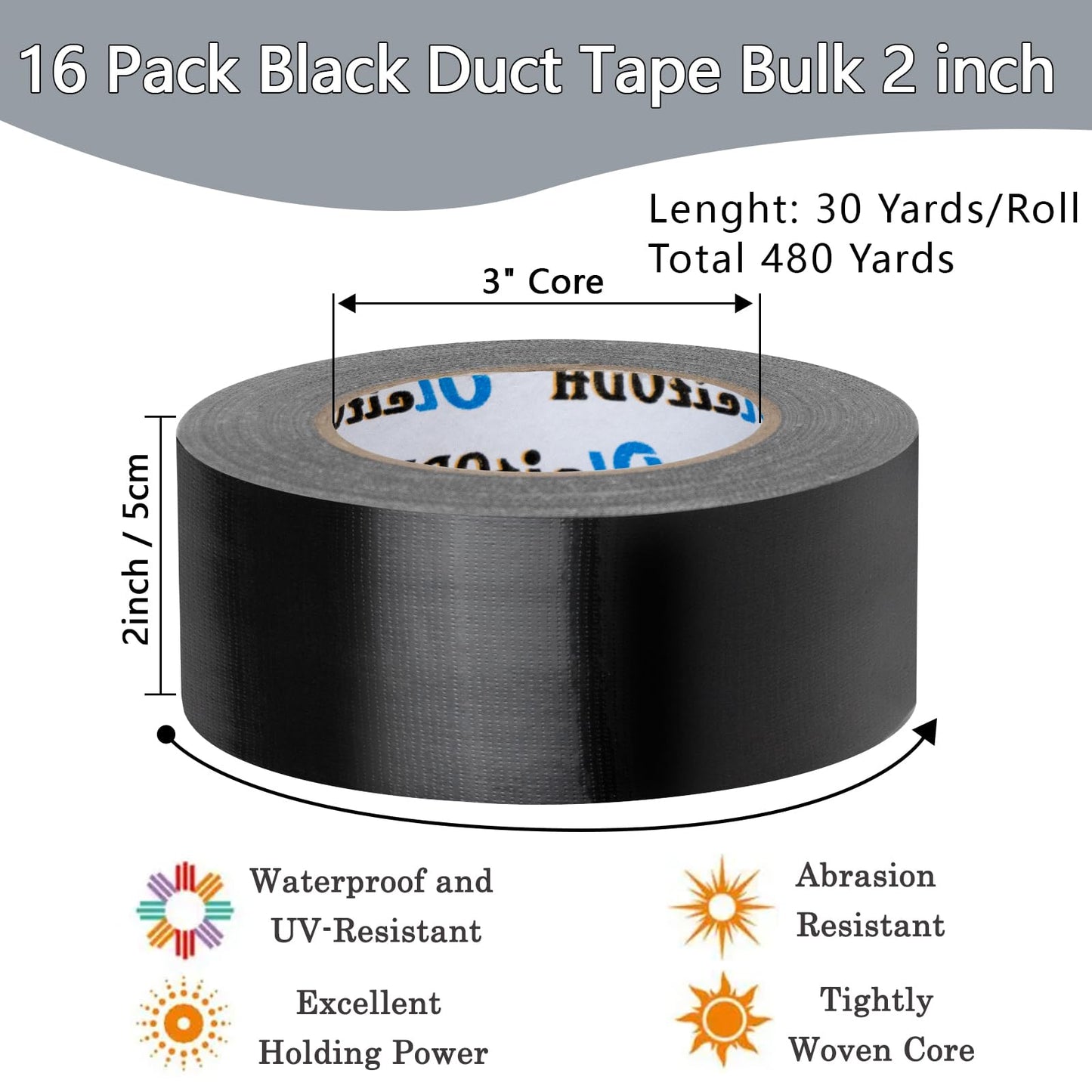 16 Pack Black Duct Tape Heavy Duty Bulk, 2 inch x 30 Yards,Strong No Residue All-Weather Duct Tape, Waterproof, Tear by Hand, Multi-Use for Indoor & Outdoor Repairs, Industrial, Professional Use