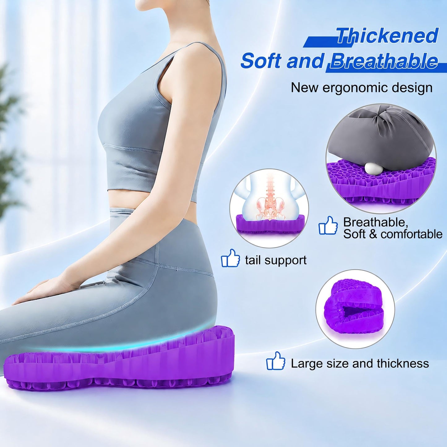 Airllantry Thicken 19.7in Seat Cushion, Gel Seat Cushion for Long Sitting–Office Chair, Wheelchair, Car Pad, Large Cooling Support Pad for Back Pain, Sciatica, Tailbone Pain Relief