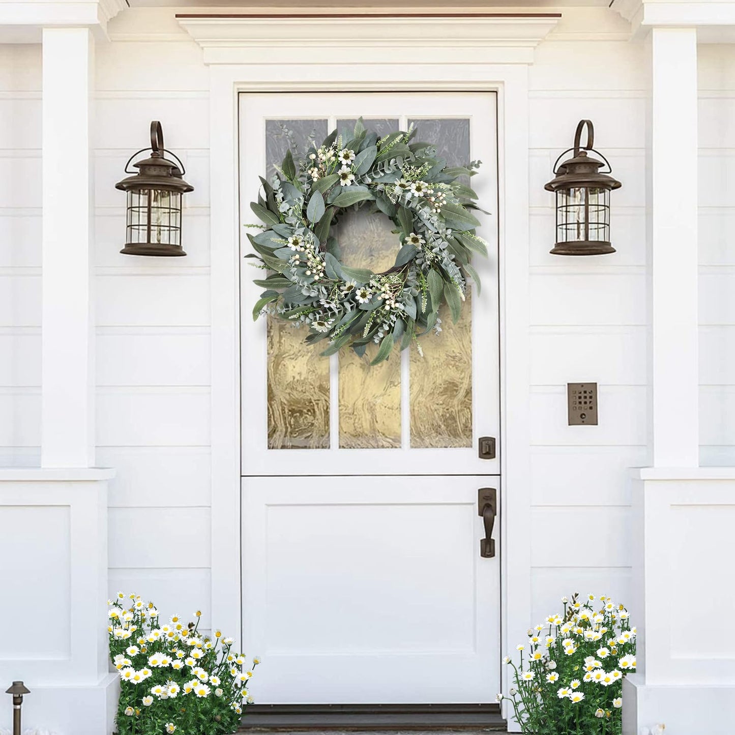 26 Inches Large Eucalyptus Spring Wreaths for Front Door,Artificial Greenery Summer Wreath with Berries White Flower Daisy,Easter Valentines Farmhouse Porch Wall Home Indoor Outdoor Décor