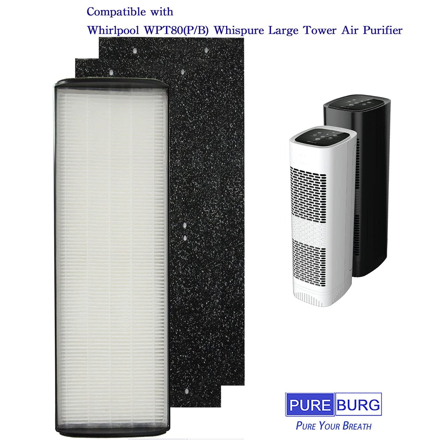 PUREBURG 1183800 Replacement Filter Compatible with Whirlpool WPT80 (P/B) Whispure Large Tower Air Purifier, H13 True HEPA and Activated Carbon Pre Filters, Pack of 2