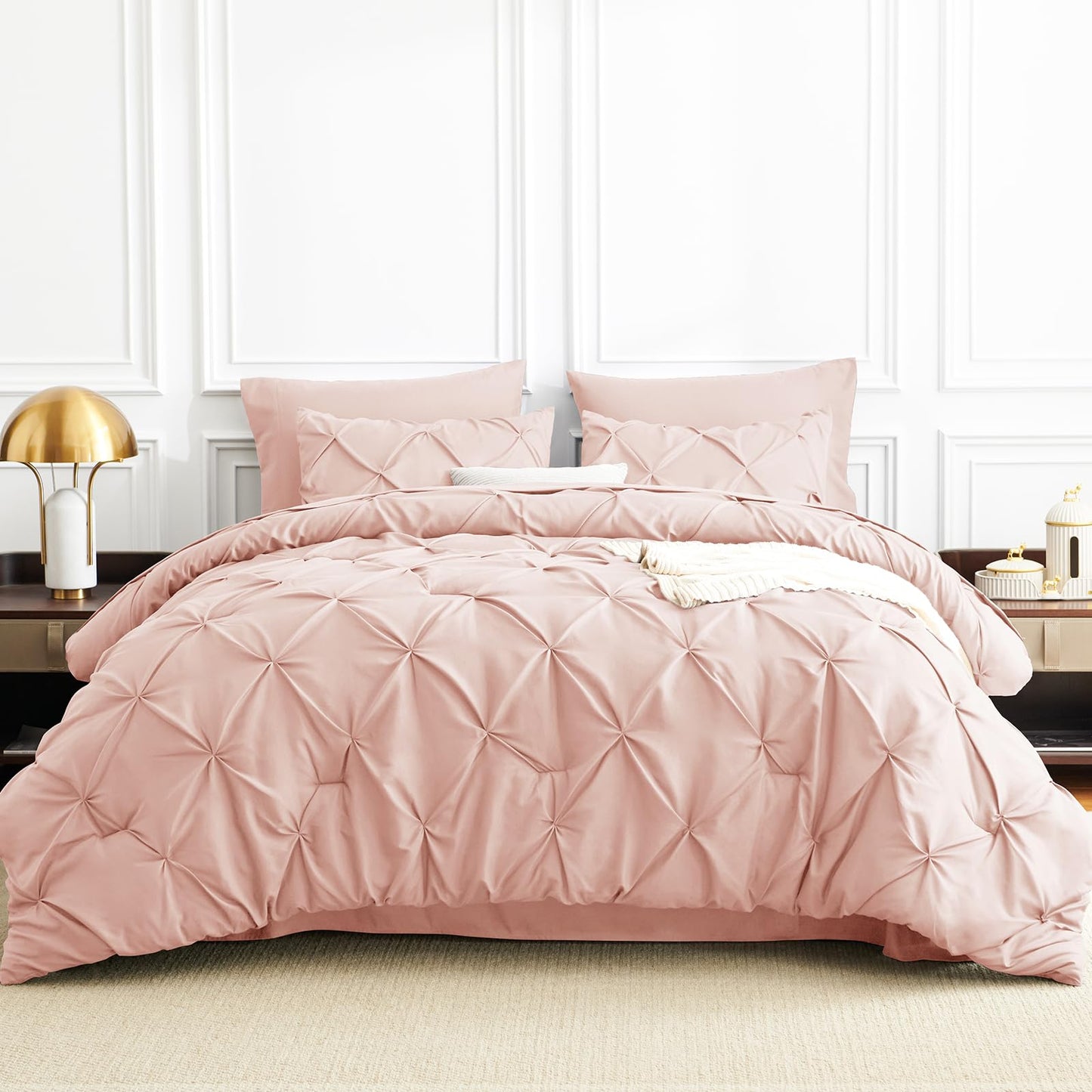 CozyLux Twin Comforter Set with Sheets Peach Pink, 5 Pieces Pintuck Bed in A Bag, All Season Bed Set Gift for Girls and Boys, Pinch Pleat Bedding Set with Comforter, Sheets, Pillowcase & Sham