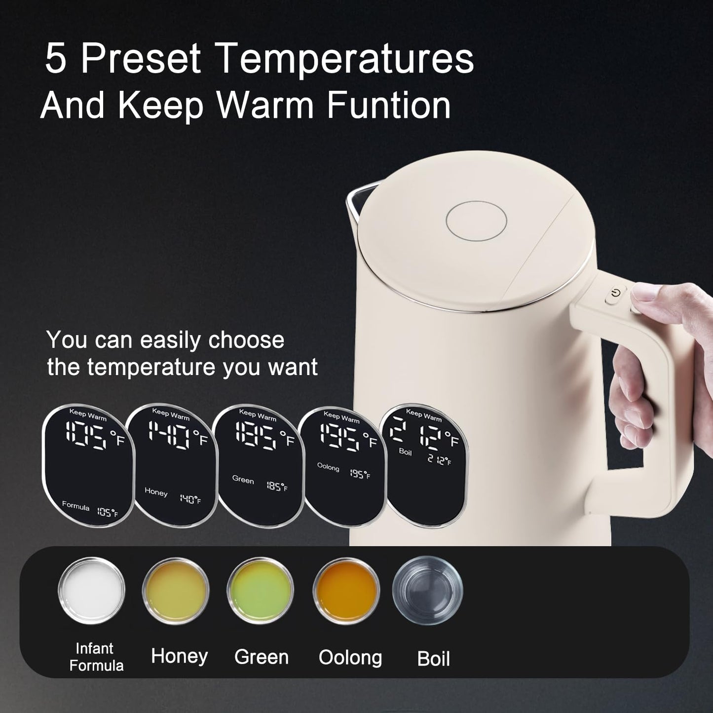QUAXWELL 1.5L Electric Kettle Stainless Steel, Double Wall Cool Touch Teapot, Fast Boil,5 Temperature Control, LED Display, Auto Shut-Off,Keep Warm Function,Cream White