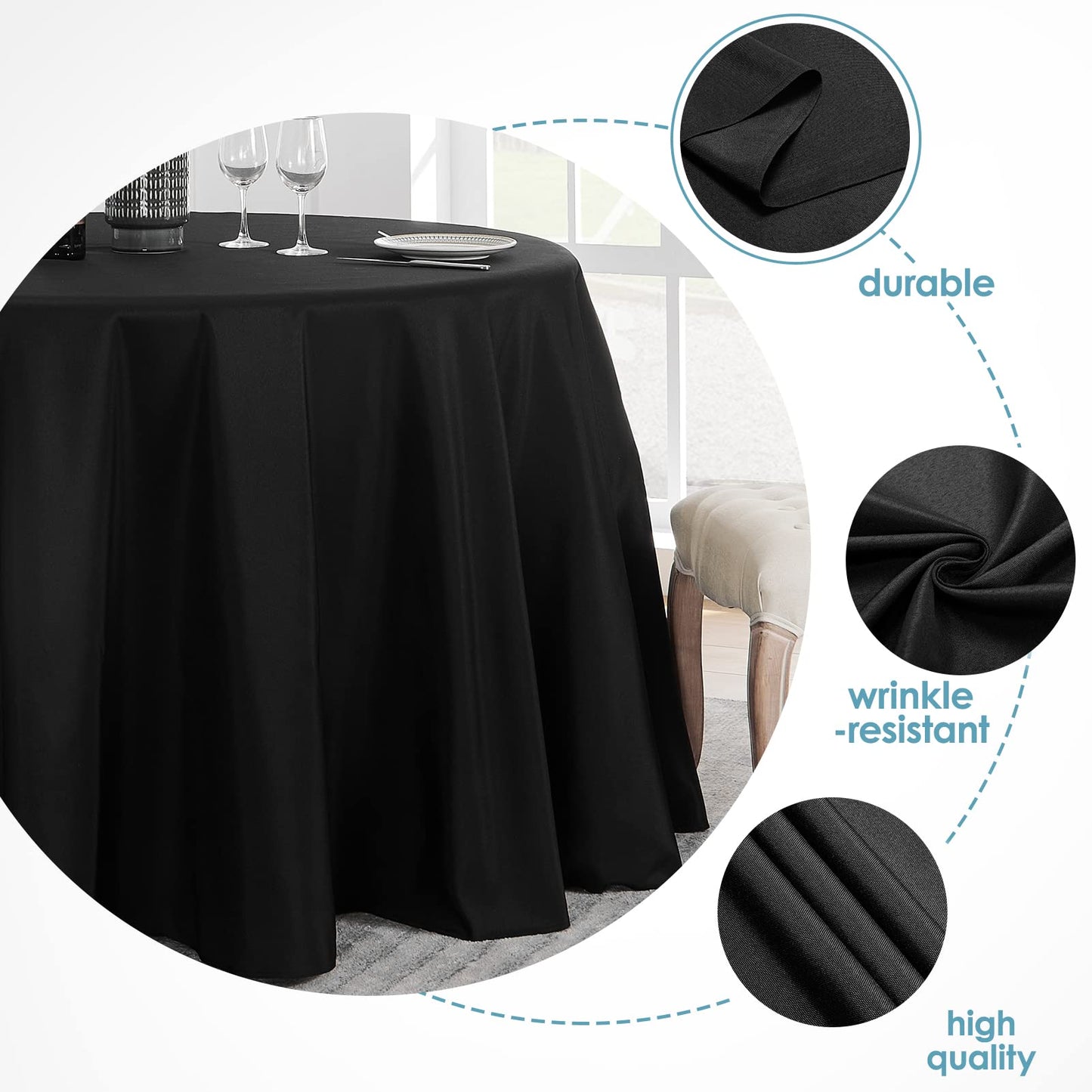 VidaFete 6 Pack 120inch Round Tablecloth Polyester Table Cloth, Stain Resistant and Wrinkle Polyester Dining Table Cover for Kitchen Dinning Party Wedding Round Tabletop Buffet Decoration(Black)