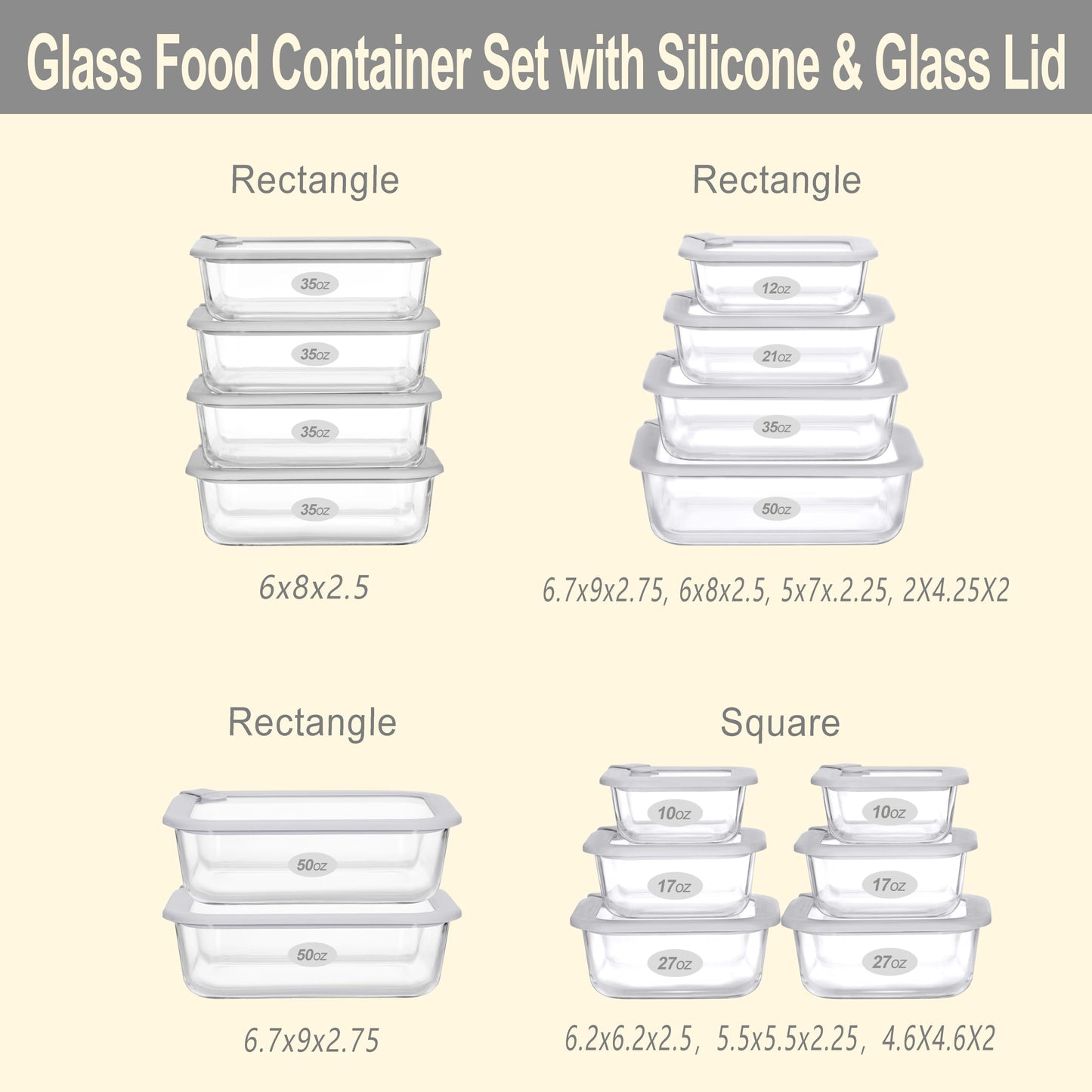 EcoEvo Glass Food Containers with Glass Lid, Microwave Safe Food Storage Container Set, 4 Pack, Airtight Storage Set with Leak Proof Lids, Meal Prep Containers