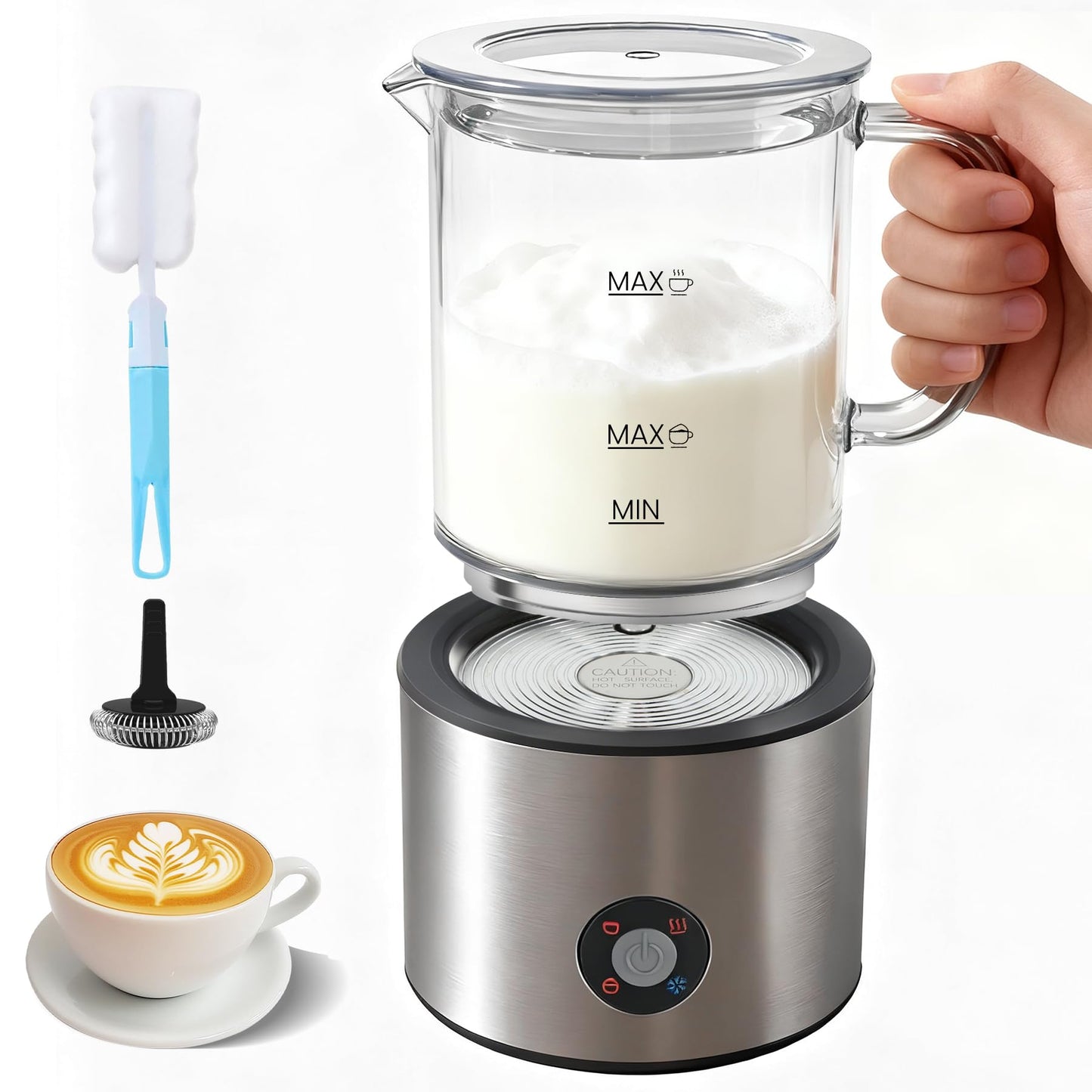 Detachable Milk Frother, 4 in 1 Milk Frother and Steamer, Dishwasher Safe, Glass Frother 16.9oz Warm and Cold Foam Maker, Electric Milk Frother for Coffee, Latte, Hot Chocolate (Silver)