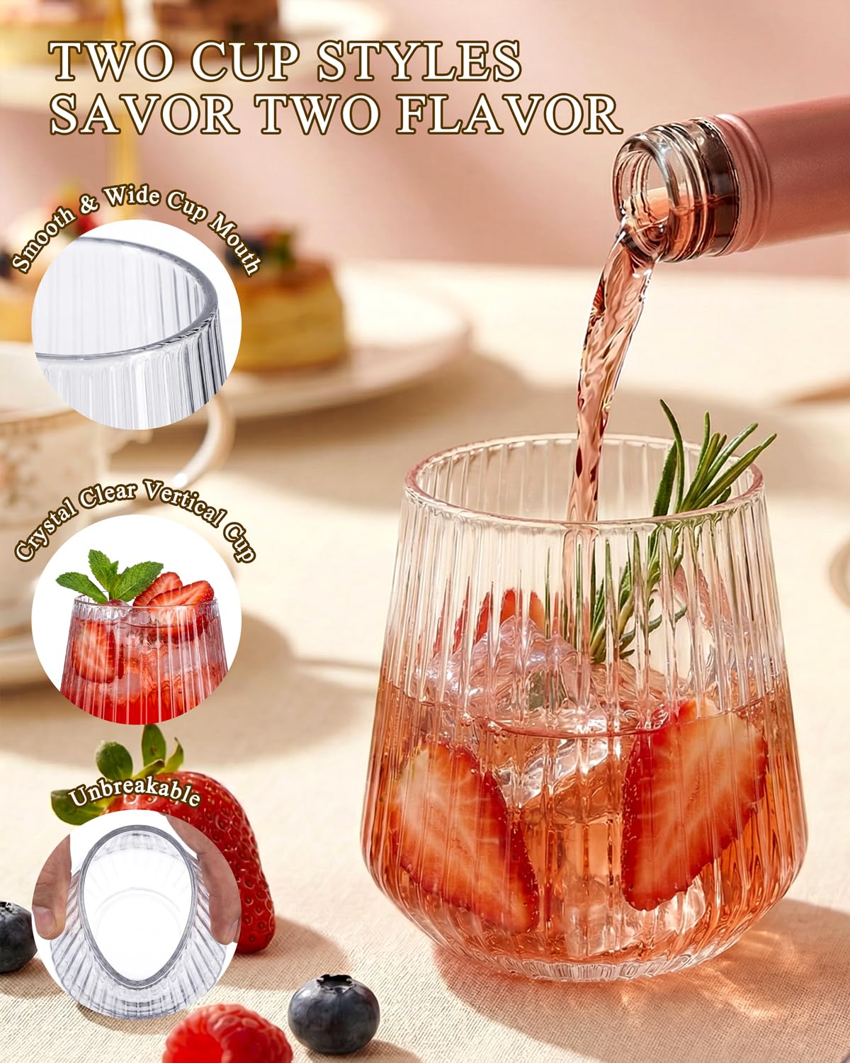 Ciaell 30 Pack Plastic Ribbed Wine Glasses - 12 OZ Thicker Origami Stemless Disposable Wine Champagne Whiskey Unbreakable Cocktail Glass, Reusable Wine Cups for Party Wedding Bar